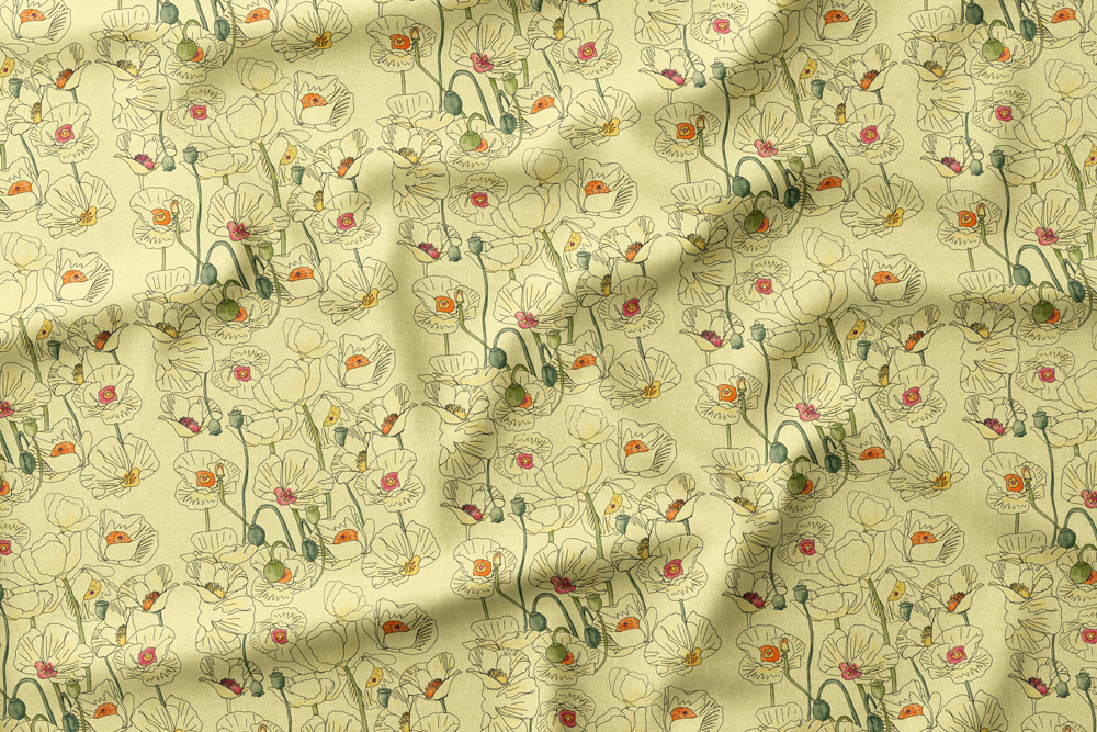 Illustrated poppy flowers with a cat resting in one bloom, set against a yellow background.