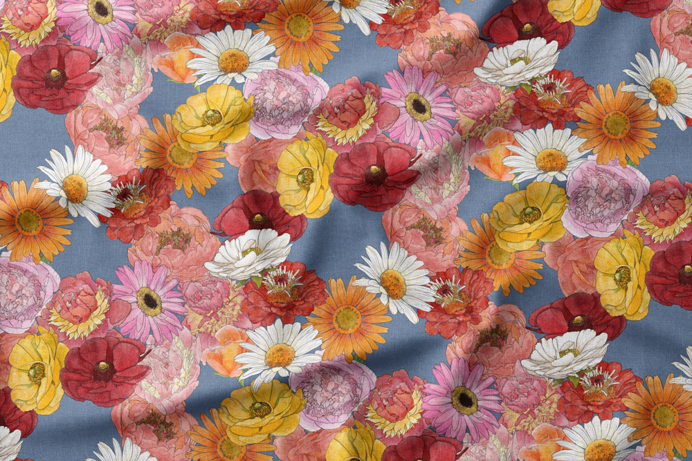 11 Tumbling Flowers on Denim (Large-scale)