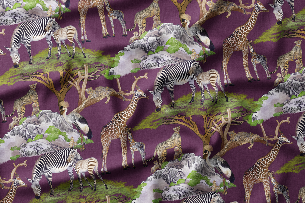 Serengeti Wildlife Families
Colorway: 08 (Watercolor on Plum)