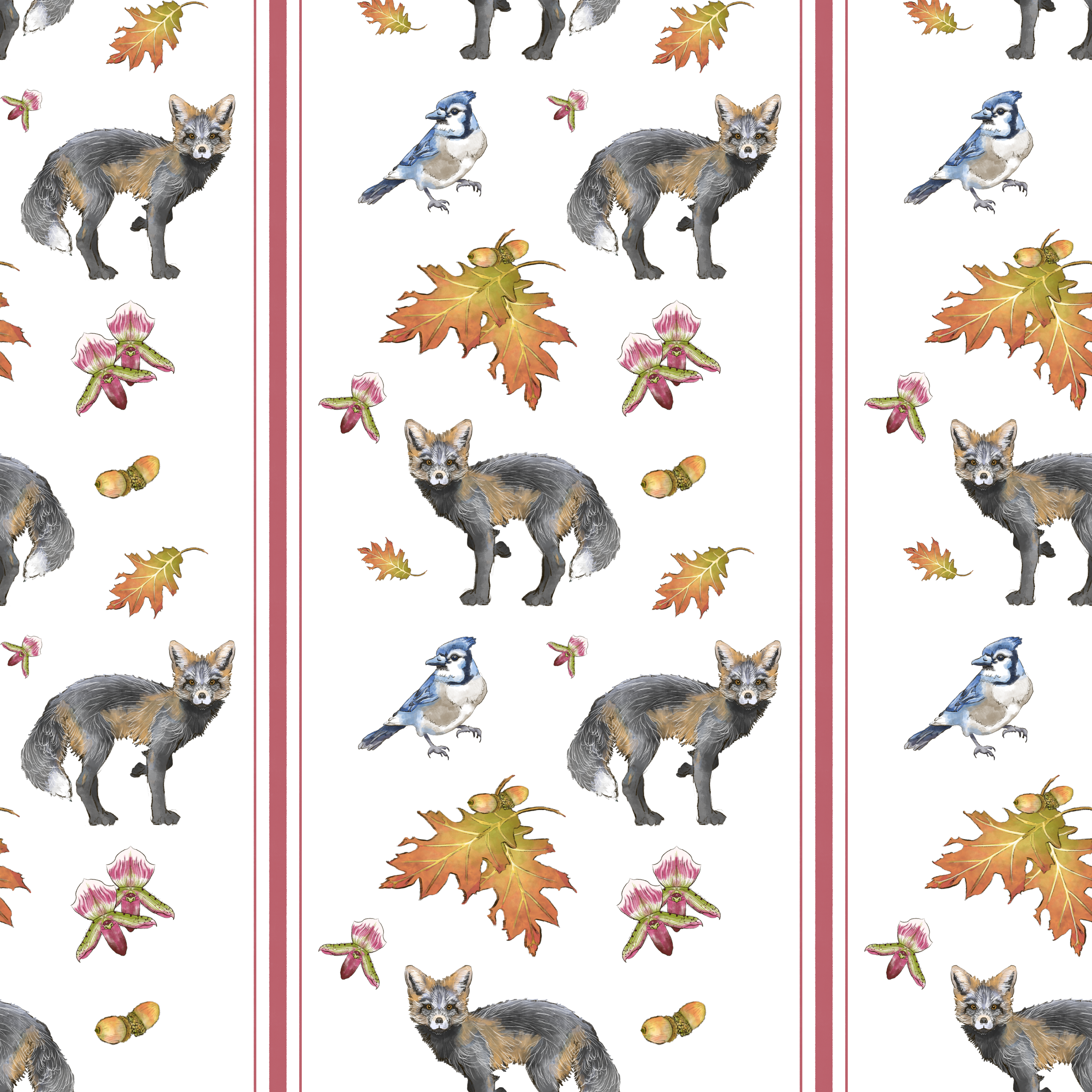 Pattern with foxes, blue jays, autumn leaves, pink flowers, and acorns on a white background.
