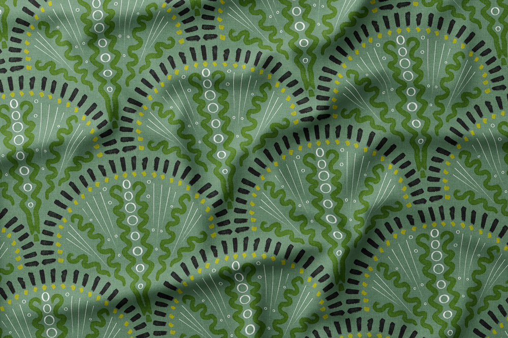 #16 Hand-drawn Paintbrush Scallops in Black, Green, White, Yellow on Sage