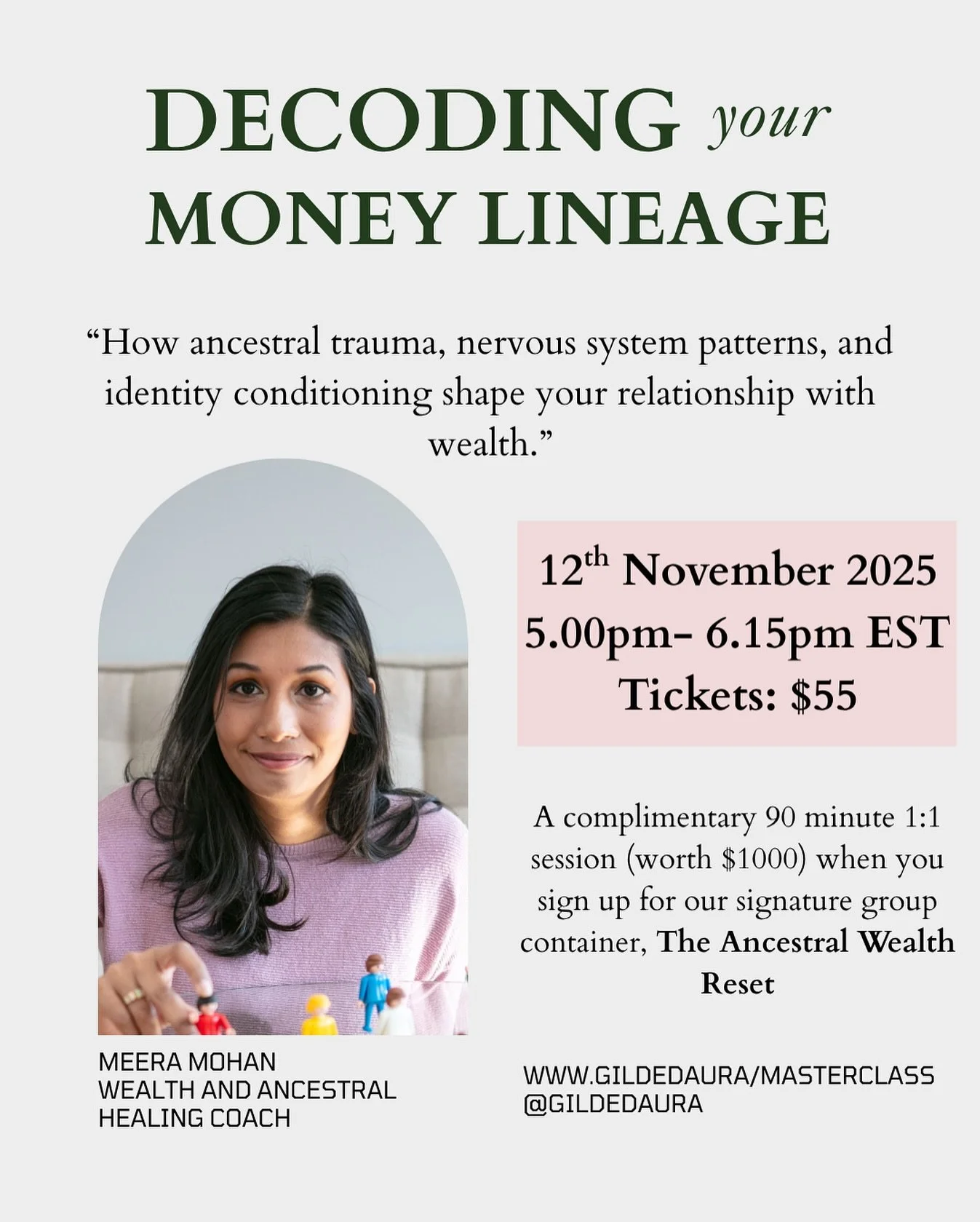 You have achieved what you thought success would look like, but it’s taken away too much from you. 
Your relationship with your business and wealth aren’t mindset issues — they’re ancestral imprints.
In this masterclass, I&rs