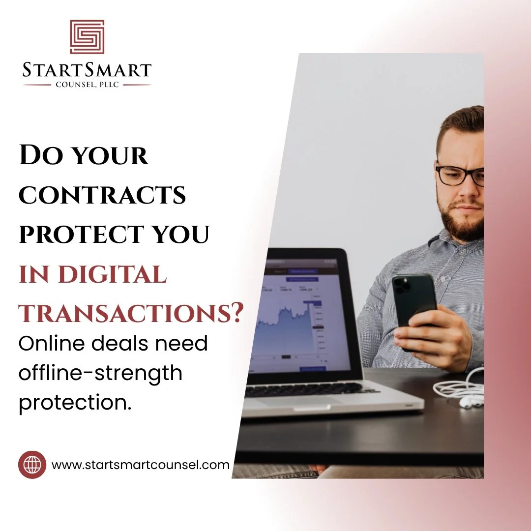 Do your contracts protect you in digital transactions? 💻 In a world where deals happen with a click, your agreements should be as strong as a handshake. Solid digital contracts safeguard your business from disputes, unclear terms, and data risks. 

