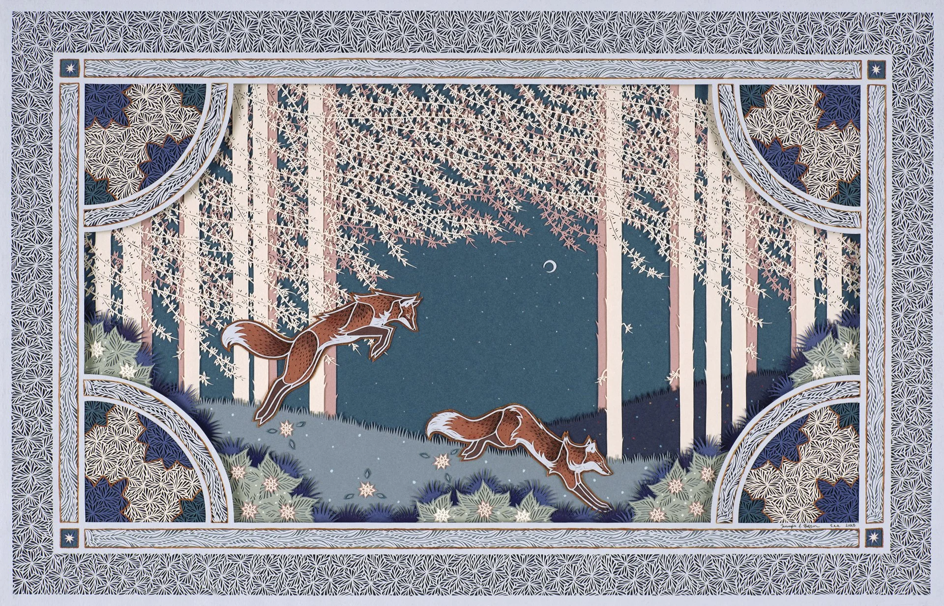 Night Scene in May, 11inx17in, hand cut paper. Displayed as part of Wildwood Wonders at Glen Echo Park.