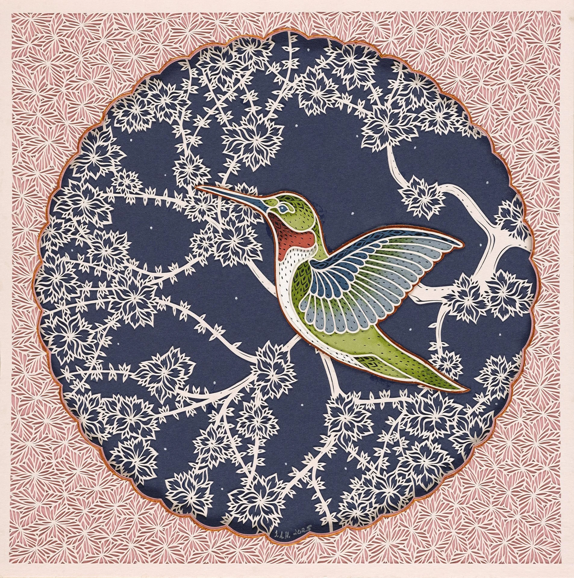 Hummingbird Garden, 8inx8in, hand cut paper. Displayed as part of Mixed Reality at Principle Gallery.