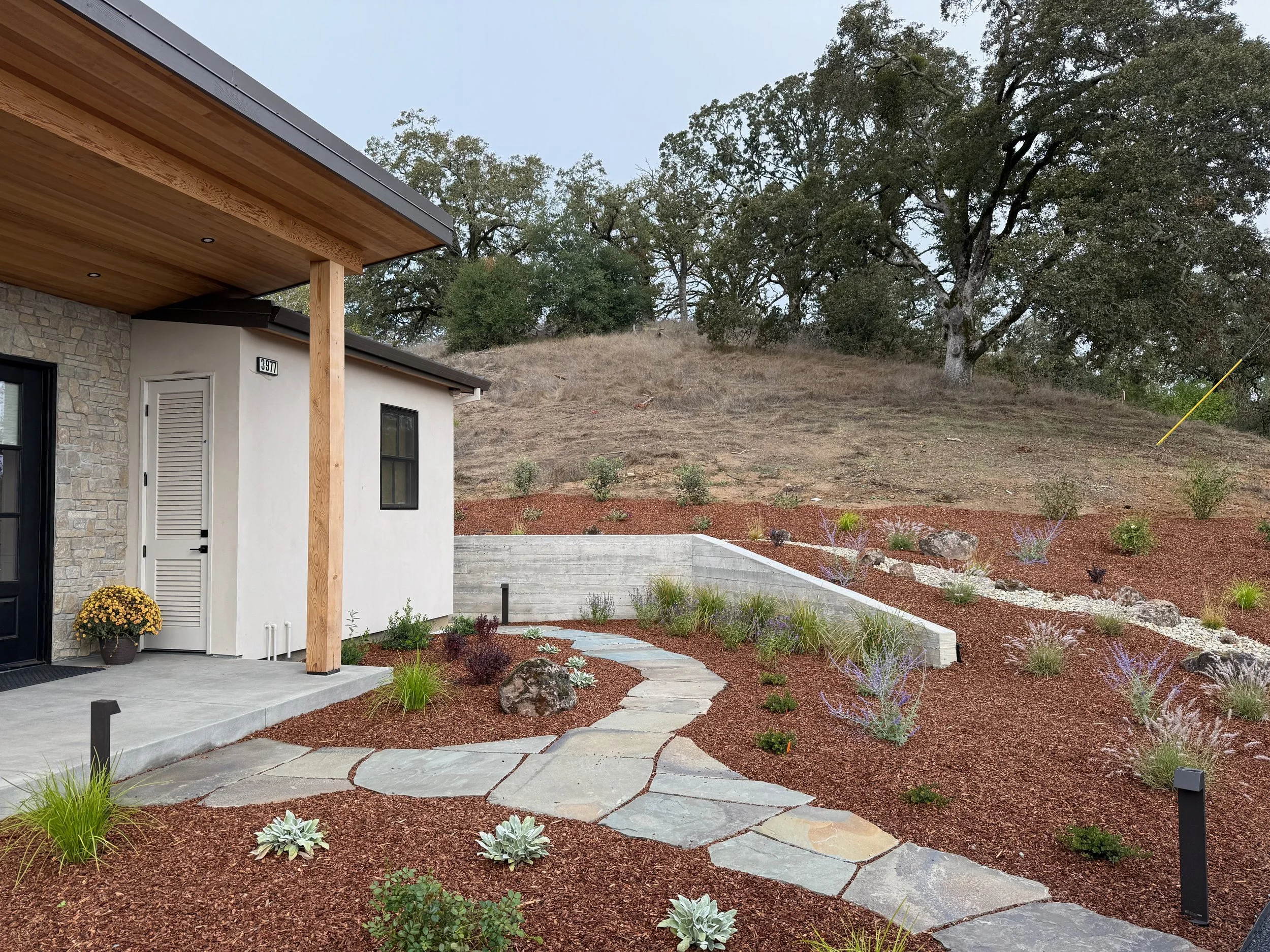 Front yard landscape with flagstone walkways, low maintenance plantings, form-poured retaining wall, and outdoor lighting.