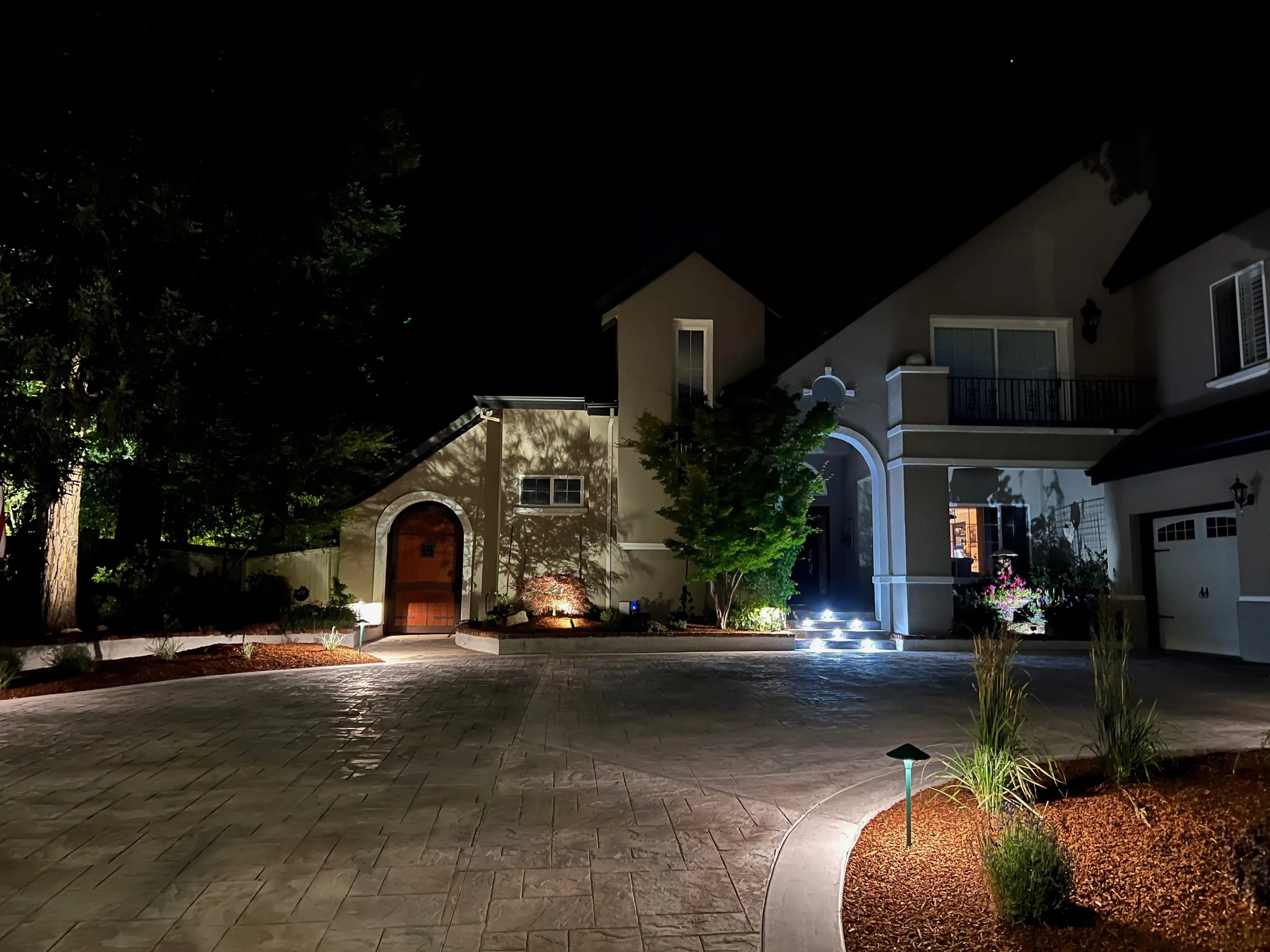 Stamped concrete driveway with surounding plants and low voltage lighting in East Petaluma, CA
