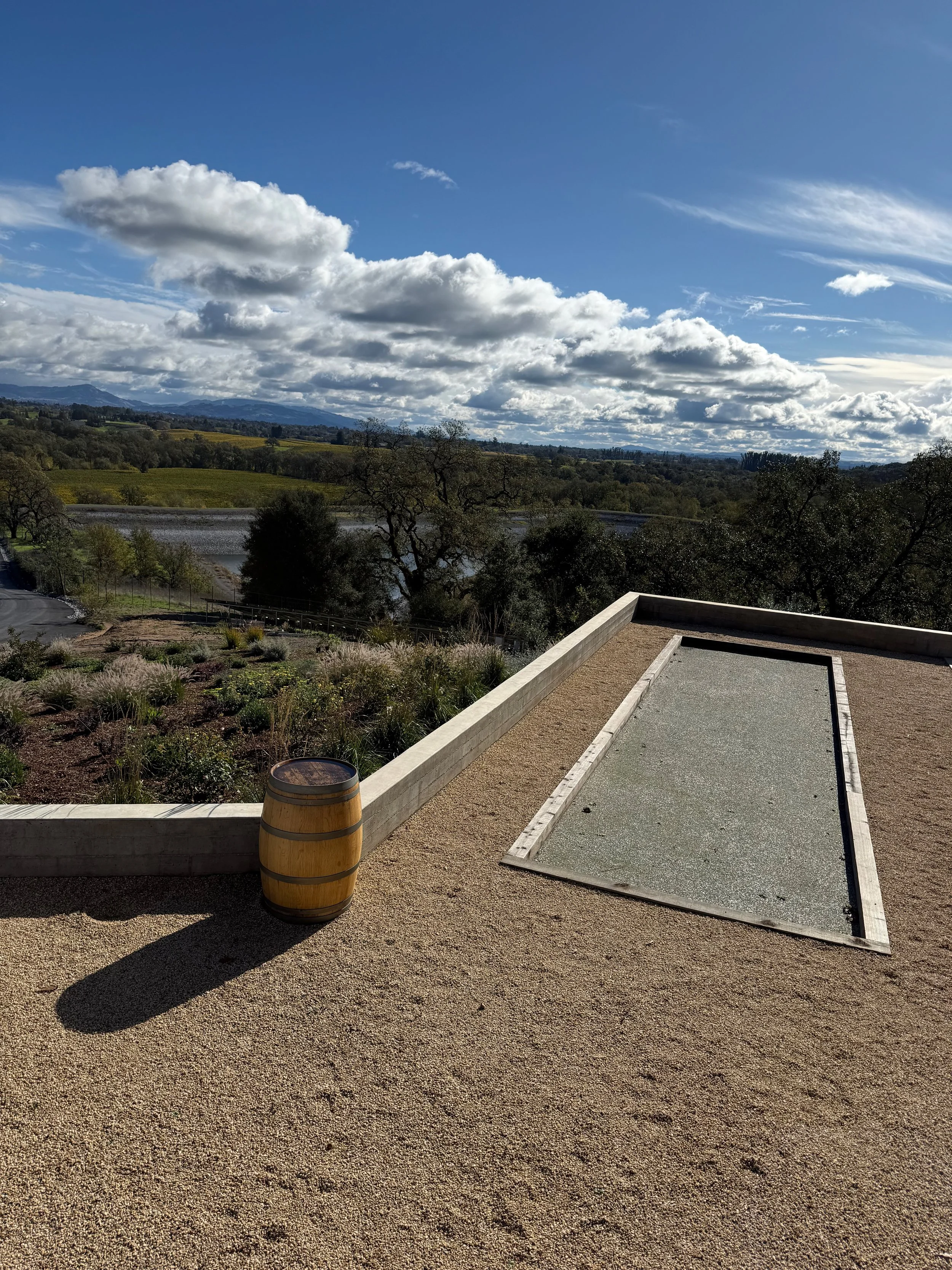 Petanque court with surrounding gravel patio above hillside showcasing mediterranean style plants. 