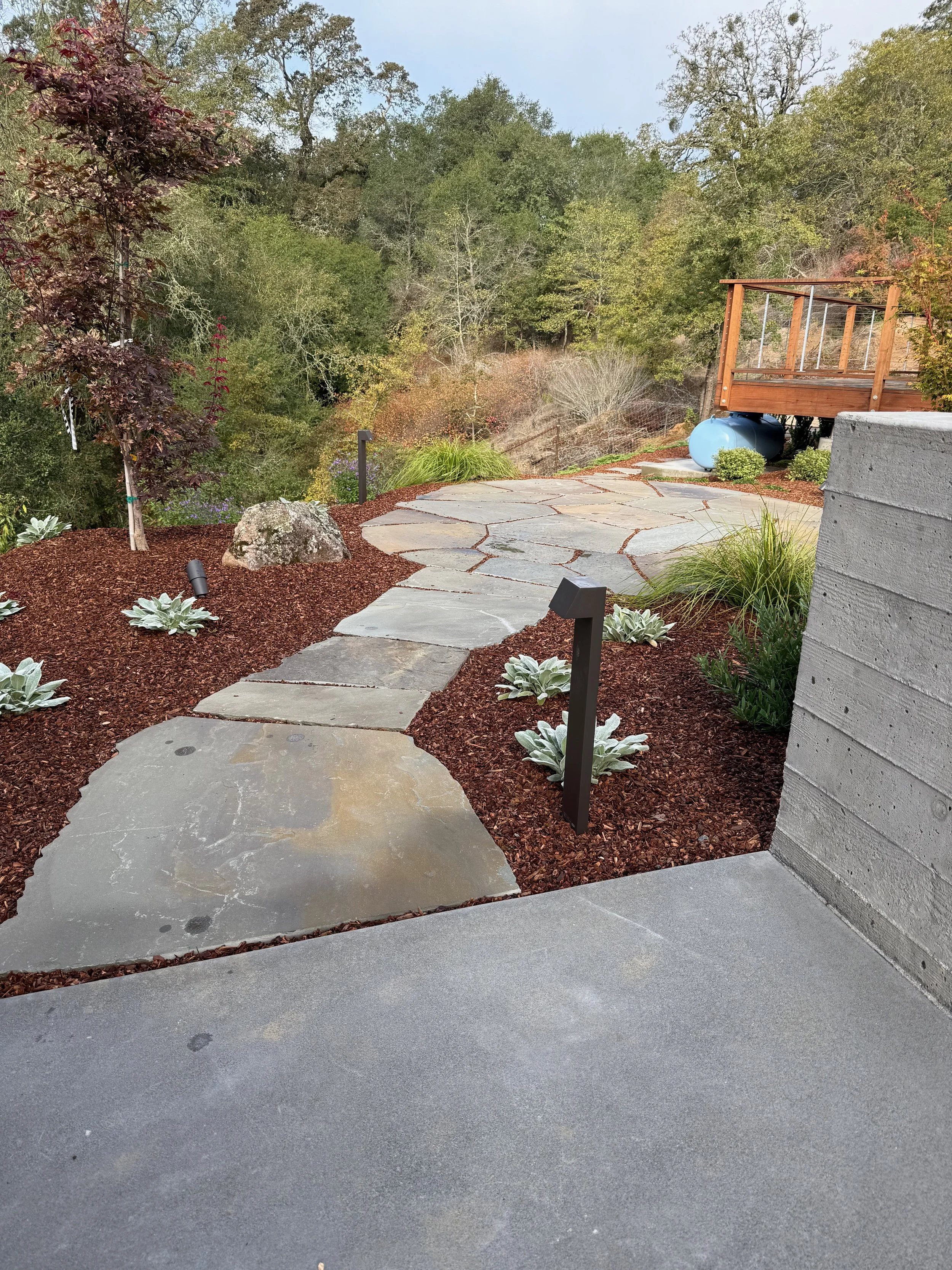 Connecticut Bluestone walkway and Patio along side form-poured concrete retaining wall. 