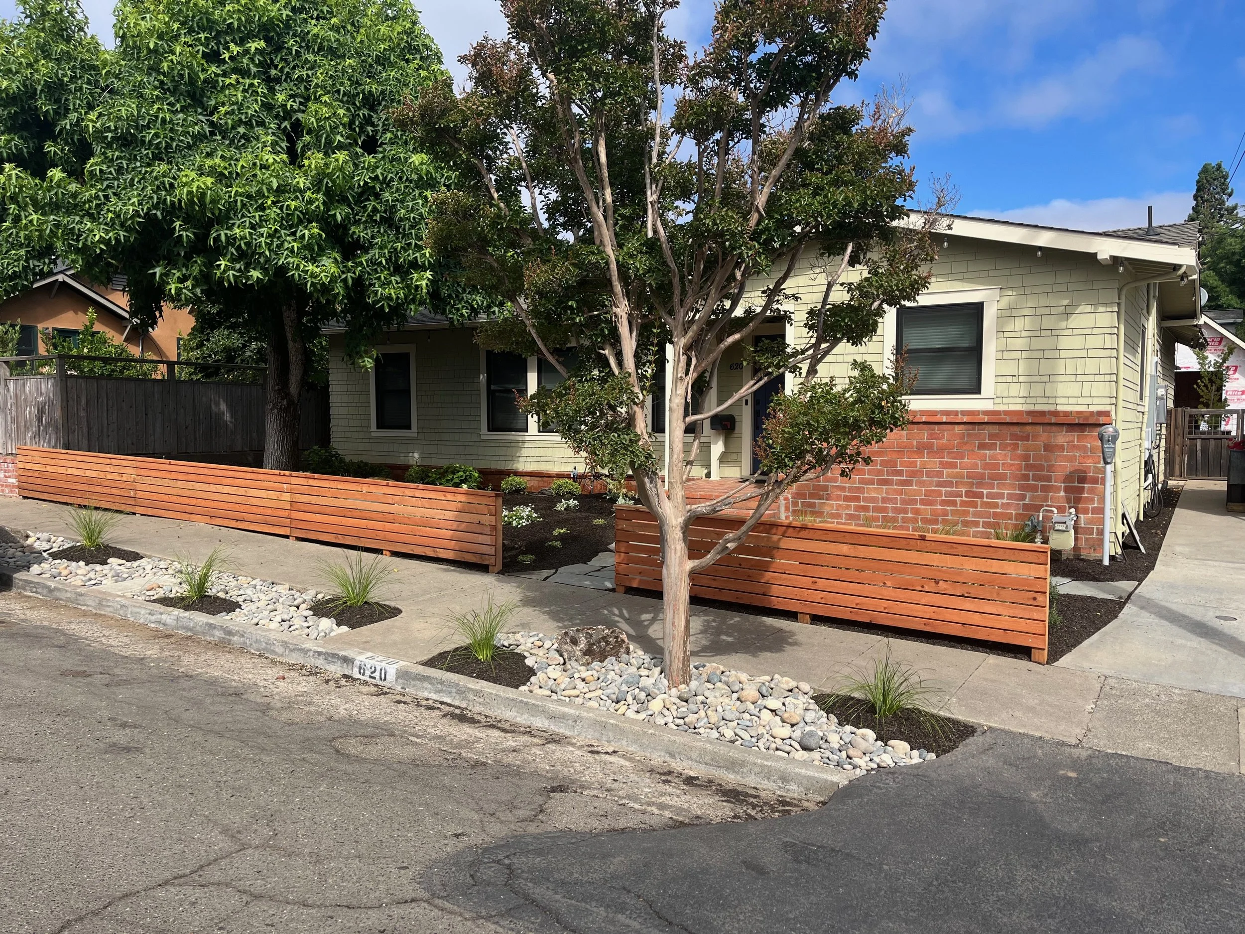 Median strip planting and cobbles with redwood fence in Petaluma, CA.