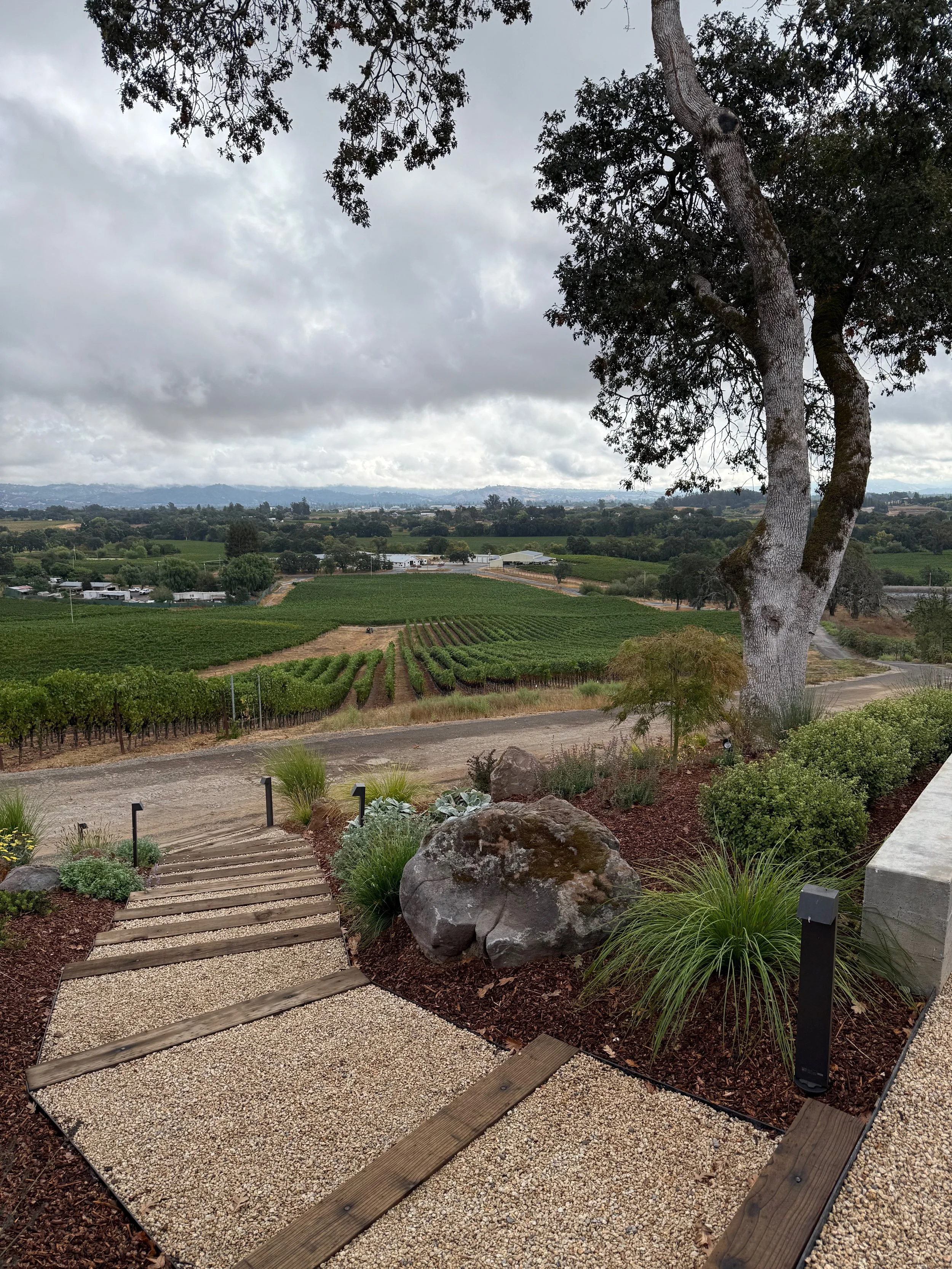 Gravel walkway with wood steps