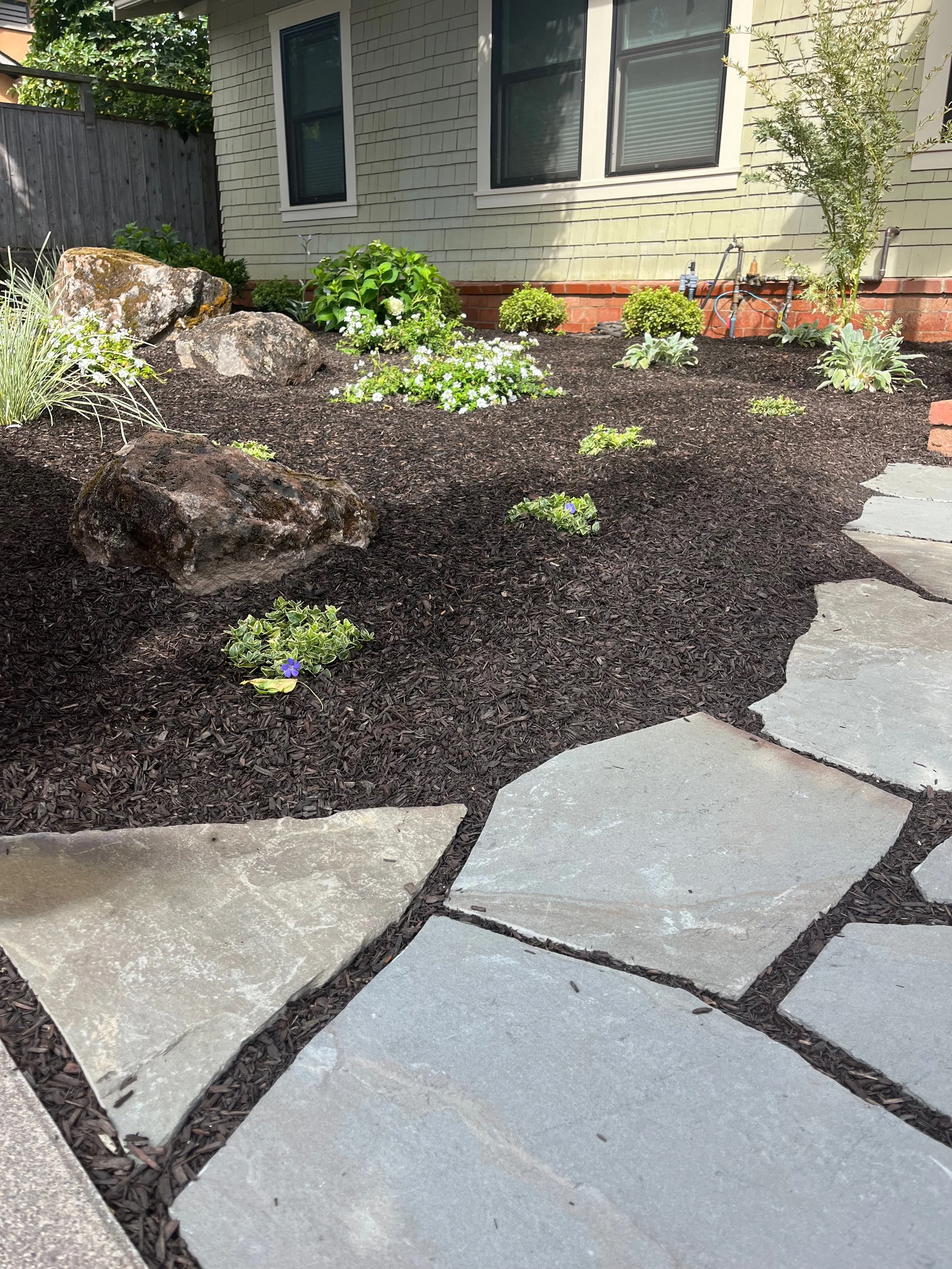West Petaluma front yard with flagstone walkways, sonoma fieldstone boulders, and shade plants.