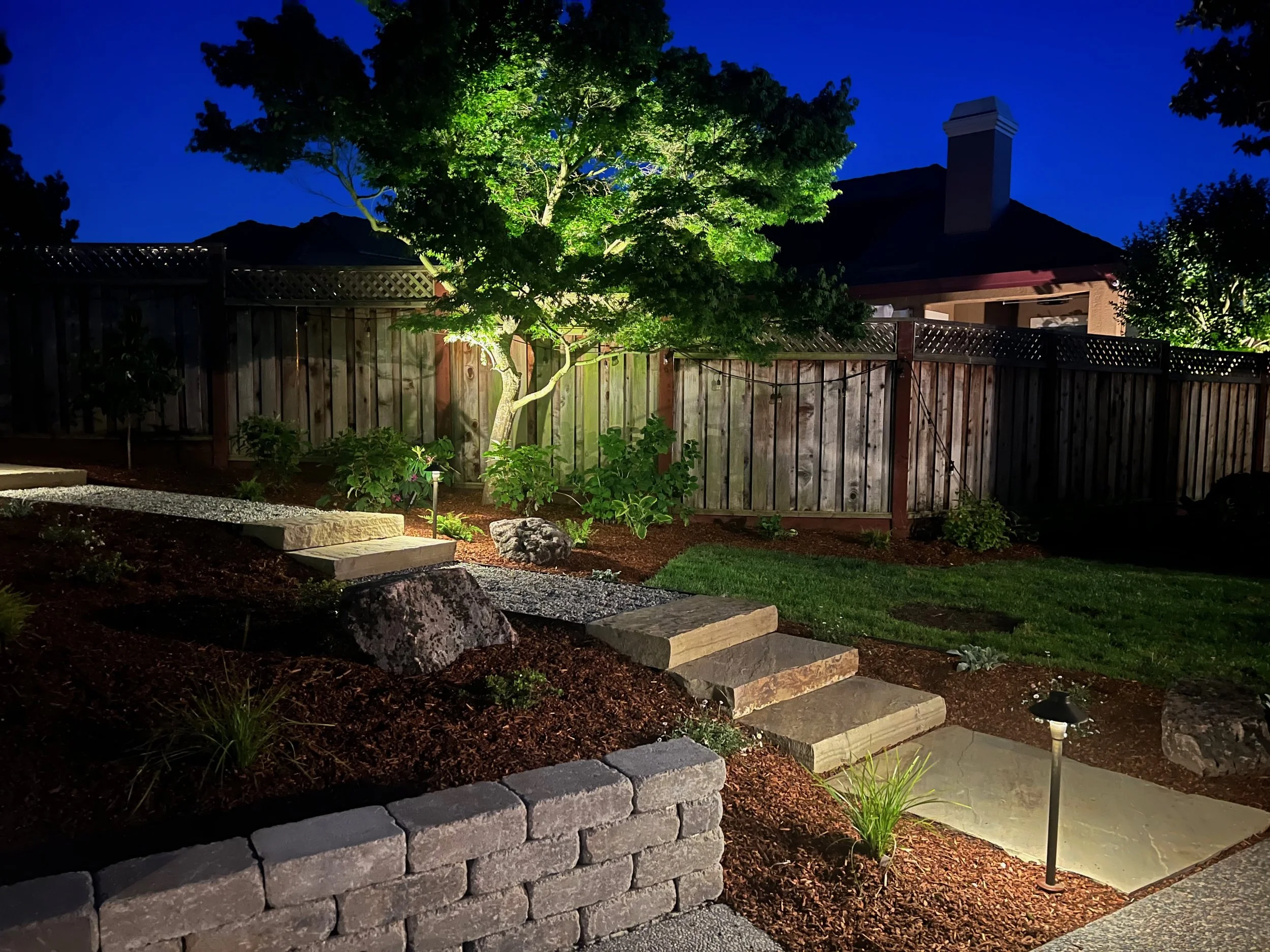 Stone retaining wall with stone and gravel staircase showcasing low voltage lighting into Japanese Maple trees.