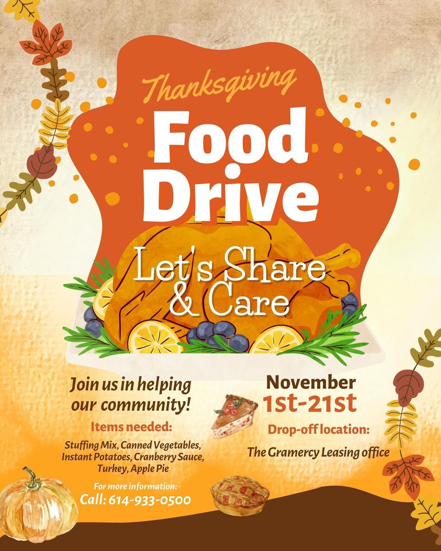 Tomorrow starts our food canned drive, November 1st-21st we will be collecting food to donate. The food canned drive box will be located for everyone to drop off at the front door in the leasing office. Hours to drop off are Monday-Friday from 10am t