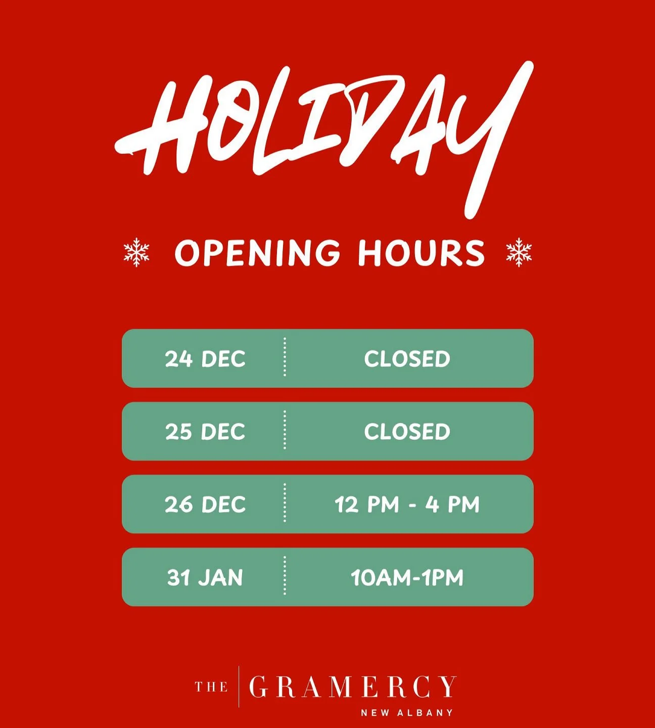 The Gramercy is getting into the holiday spirit! ✨🎅Here are our special hours this season:🎄 Closed: Christmas Eve &amp; Christmas Day🎁 Open: Friday, Dec. 26 from 12 PM &ndash; 4 PM🎆 Open: New Year&rsquo;s Eve from 10 AM &ndash; 1 PM❌ Closed: New 