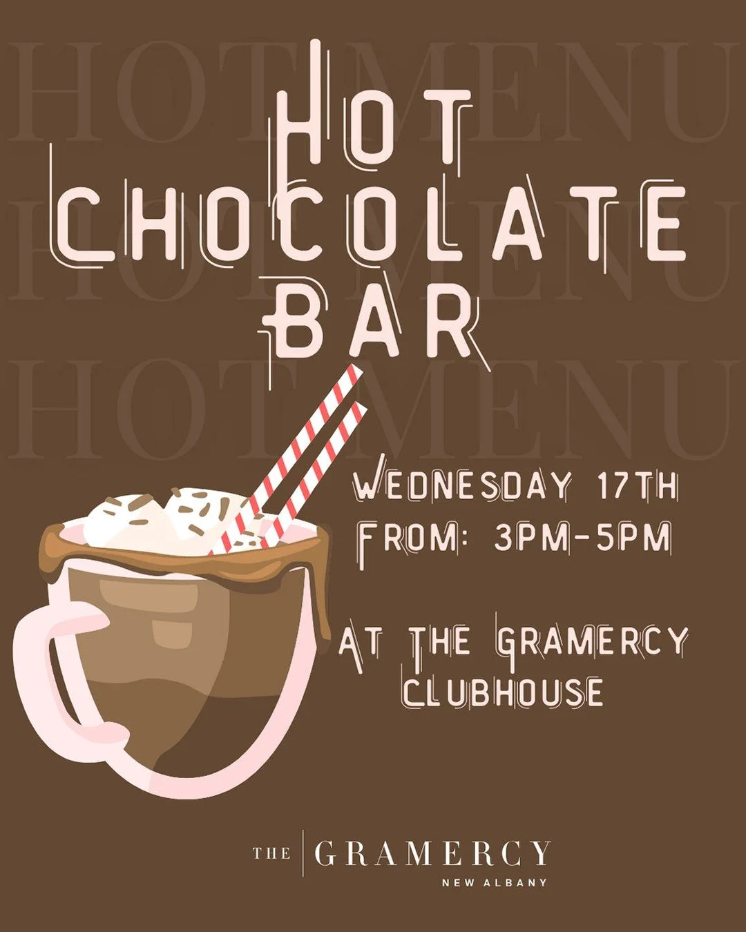 ☕❄️ Hot Chocolate Bar at The Gramercy! ❄️☕Warm up with us and enjoy a cozy cup topped just the way you like it. Stop by, sip something sweet, and say hello to your neighbors! On Wednesday the 17th from 3-5pm🤎✨