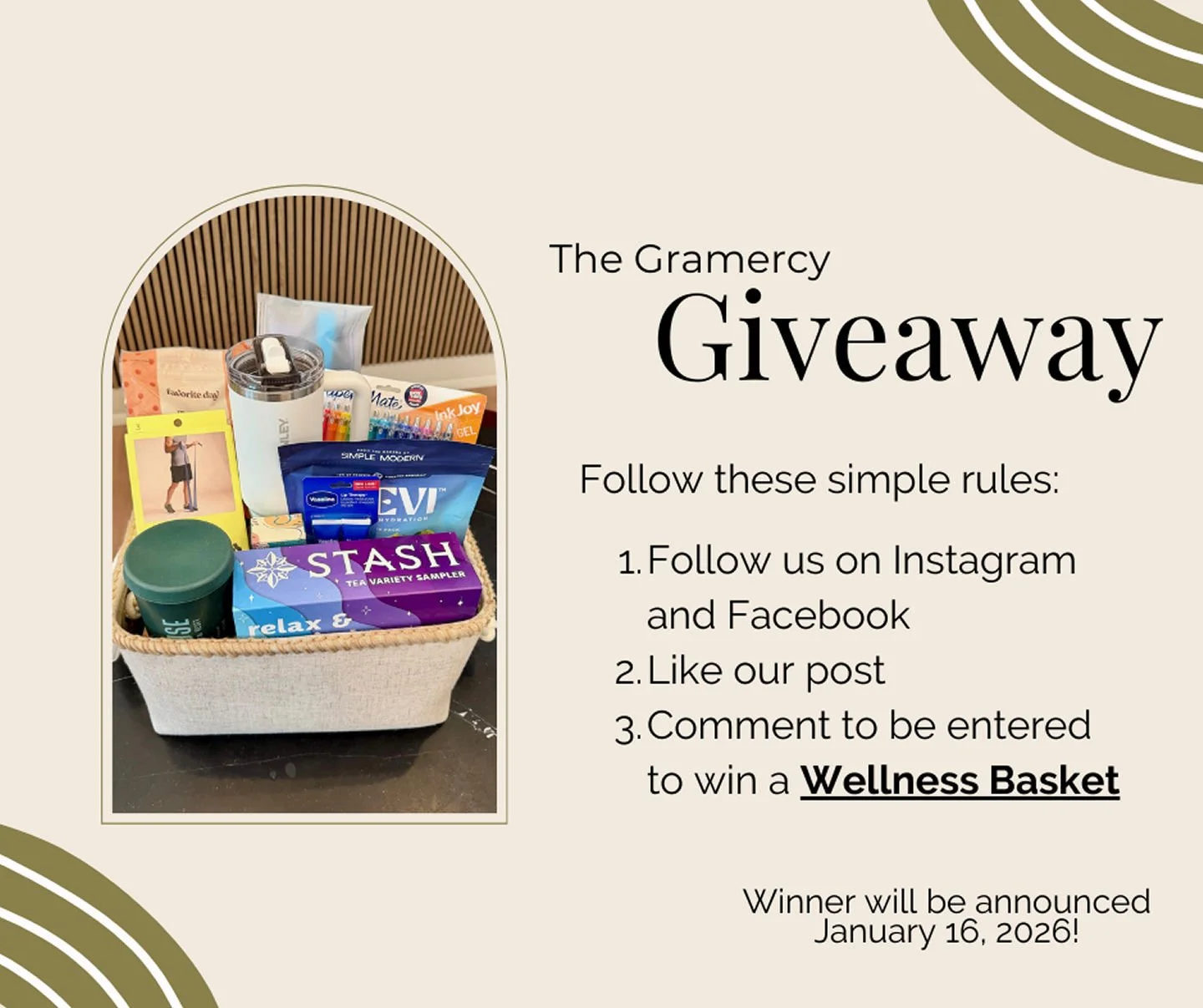 🎉 Wellness Basket Giveaway! 🎉

We&rsquo;re giving one lucky winner a wellness basket to help you relax, recharge, and refresh!

To enter:
✔️ Like this post
✔️ Follow us on Instagram @TheGramercyNewAlbany 
✔️ Follow us on Facebook TheGramercyNewAlba