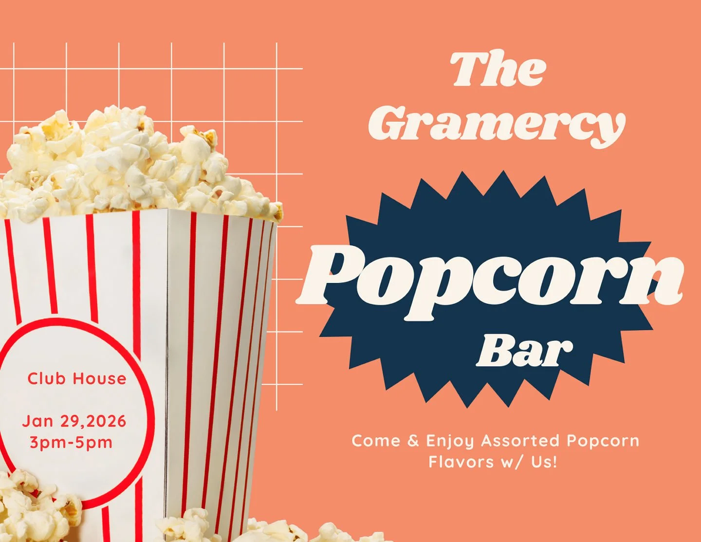🍿 Pop In for a Treat! 🍿

Join us this Thursday, January 29th from 3&ndash;5 PM in the Leasing Office Clubhouse for an assorted flavors popcorn bar and sweet treats! Stop by, grab a snack, and enjoy a little afternoon pick-me-up. We look forward to 