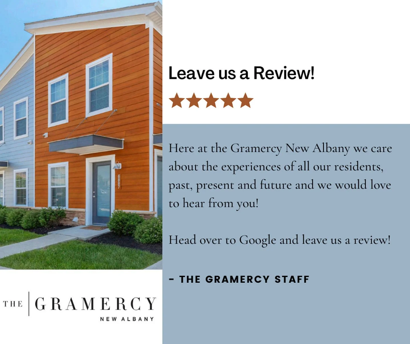 Love where you live? We&rsquo;d love to hear about it! 💬

Your feedback helps us grow and helps future residents feel confident in choosing our community.

Whether it&rsquo;s about our maintenance team, office staff, or your overall living experienc