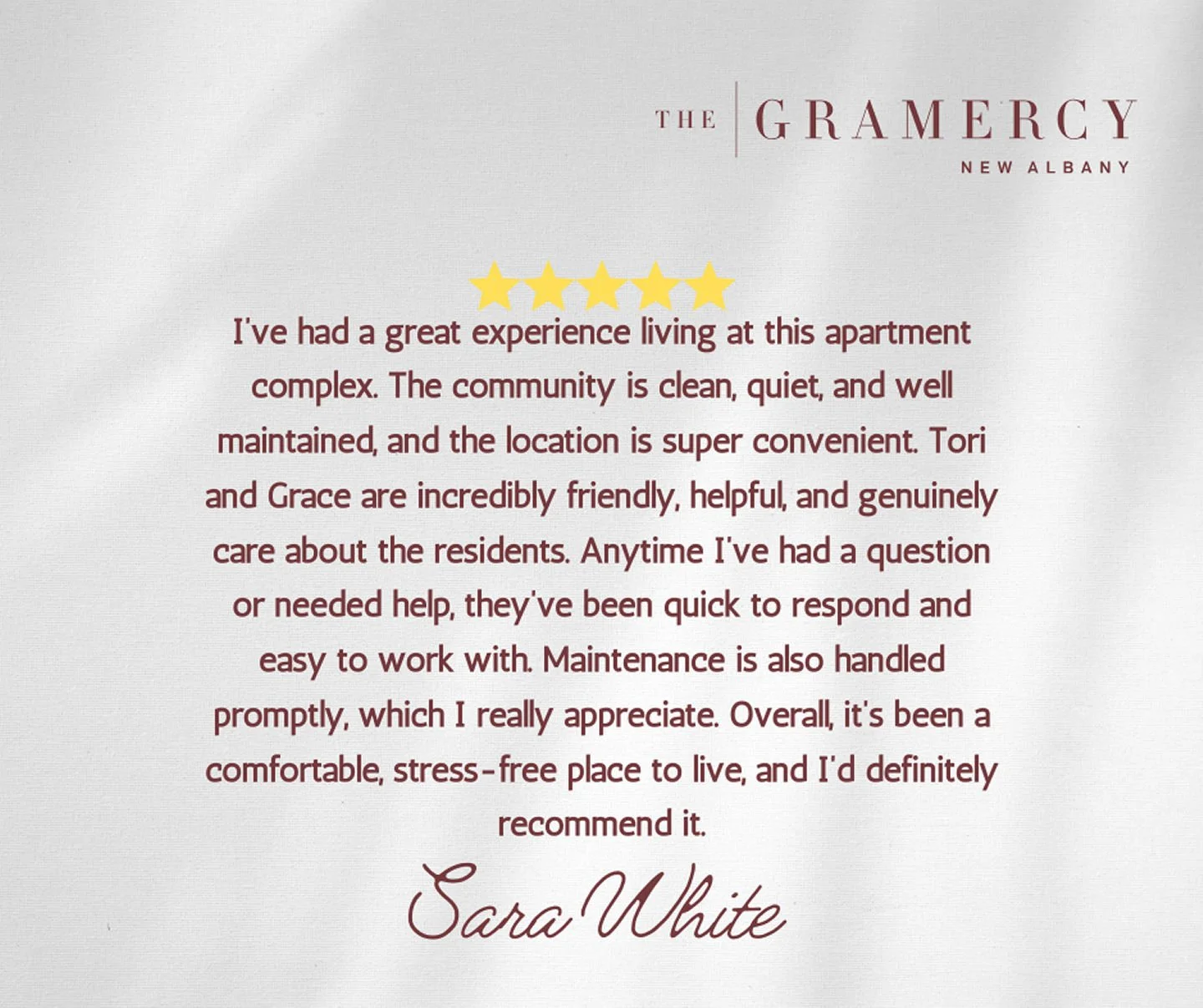 &ldquo;⭐️⭐️⭐️⭐️⭐️ Five stars and all the happy vibes! 
One of our amazing residents took a moment to share their experience living at The Gramercy, and it truly made our day. 
From loving the community to feeling right at home, this is exactly why we