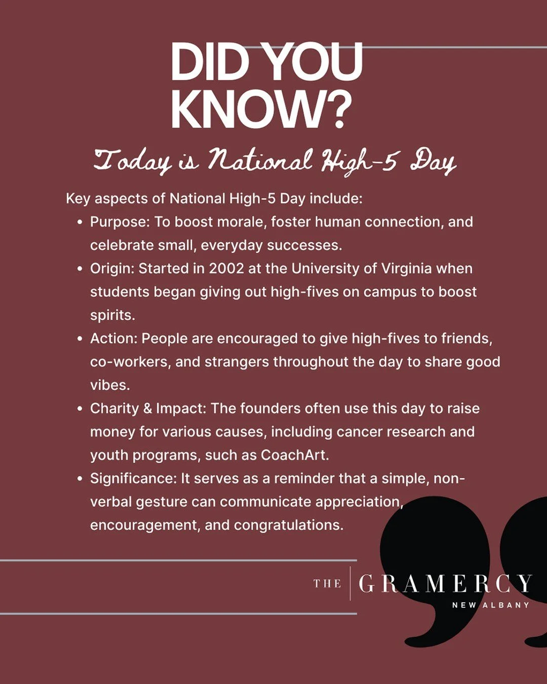 Did you know today is National High Five Day?! 🙌✨
At The Gramercy, we&rsquo;re always looking for a reason to celebrate &mdash; and this one totally deserves a double high five! 🙌🙌
We found out some pretty fun facts about the iconic high five that