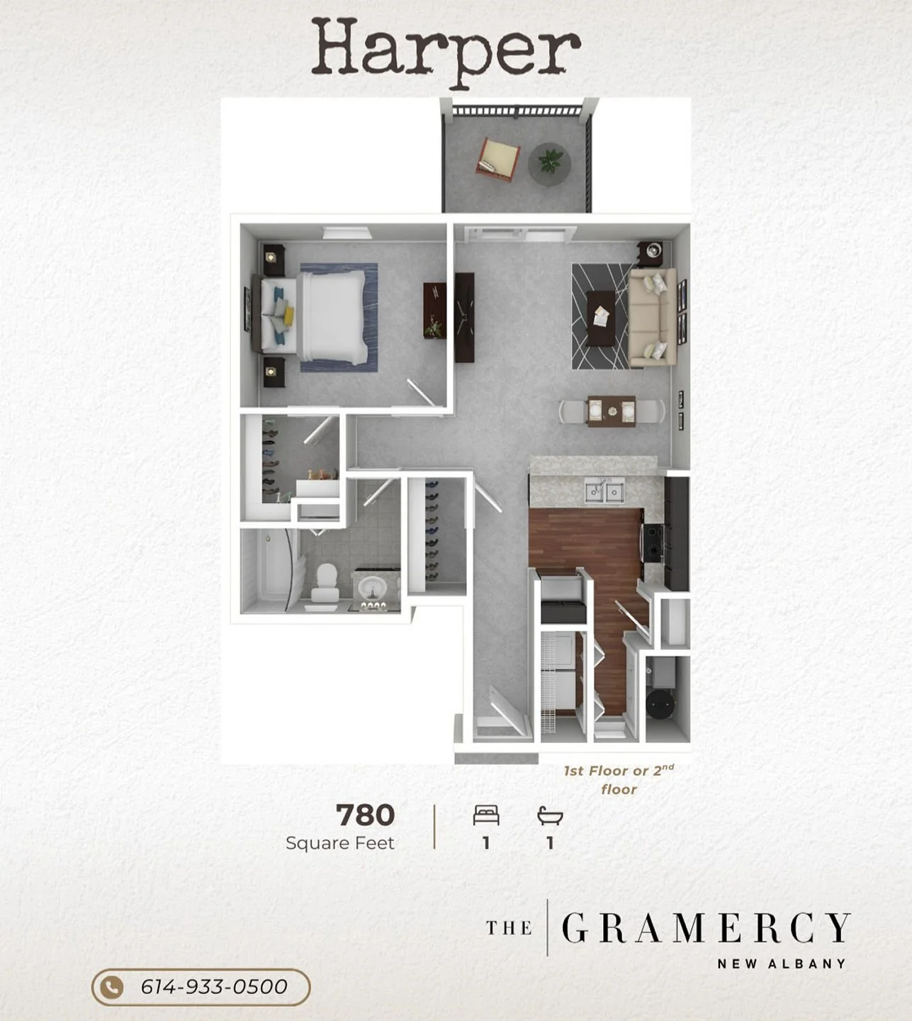 ✨ Floor Plan Spotlight: The Harper ✨
Here at The Gramercy, we&rsquo;re shining the spotlight on our Harper &mdash; a cozy and stylish 1 bedroom, 1 bathroom home that proves great things come in perfectly sized packages!
With 780 sq. ft. of pure amazi