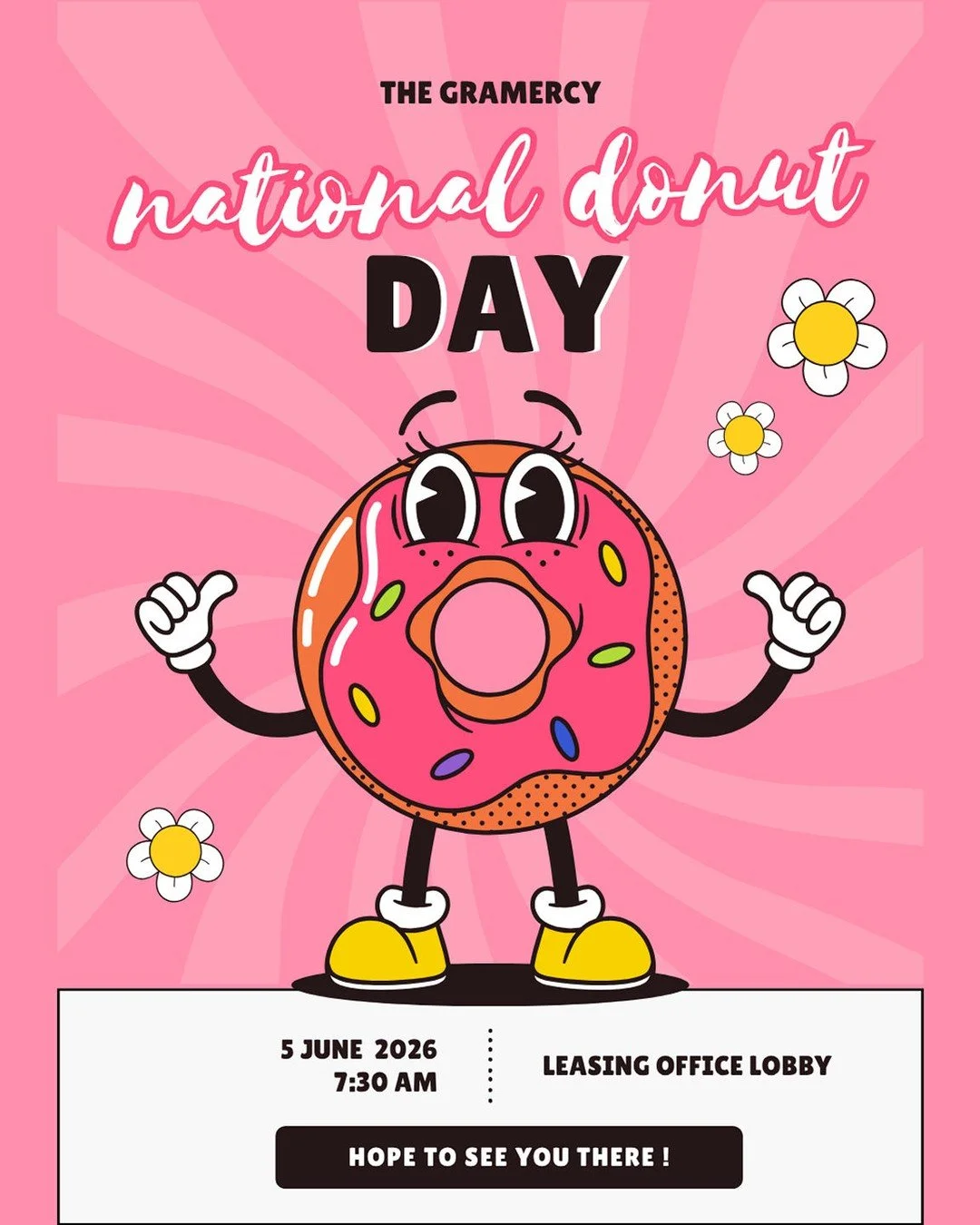 🍩 National Donut Day Celebration 🍩

Start your morning with a sweet treat! Join us in the office lobby beginning at 7:30 AM tomorrow as we celebrate National Donut Day. Stop by for complimentary donuts, coffee, and a chance to connect with your nei