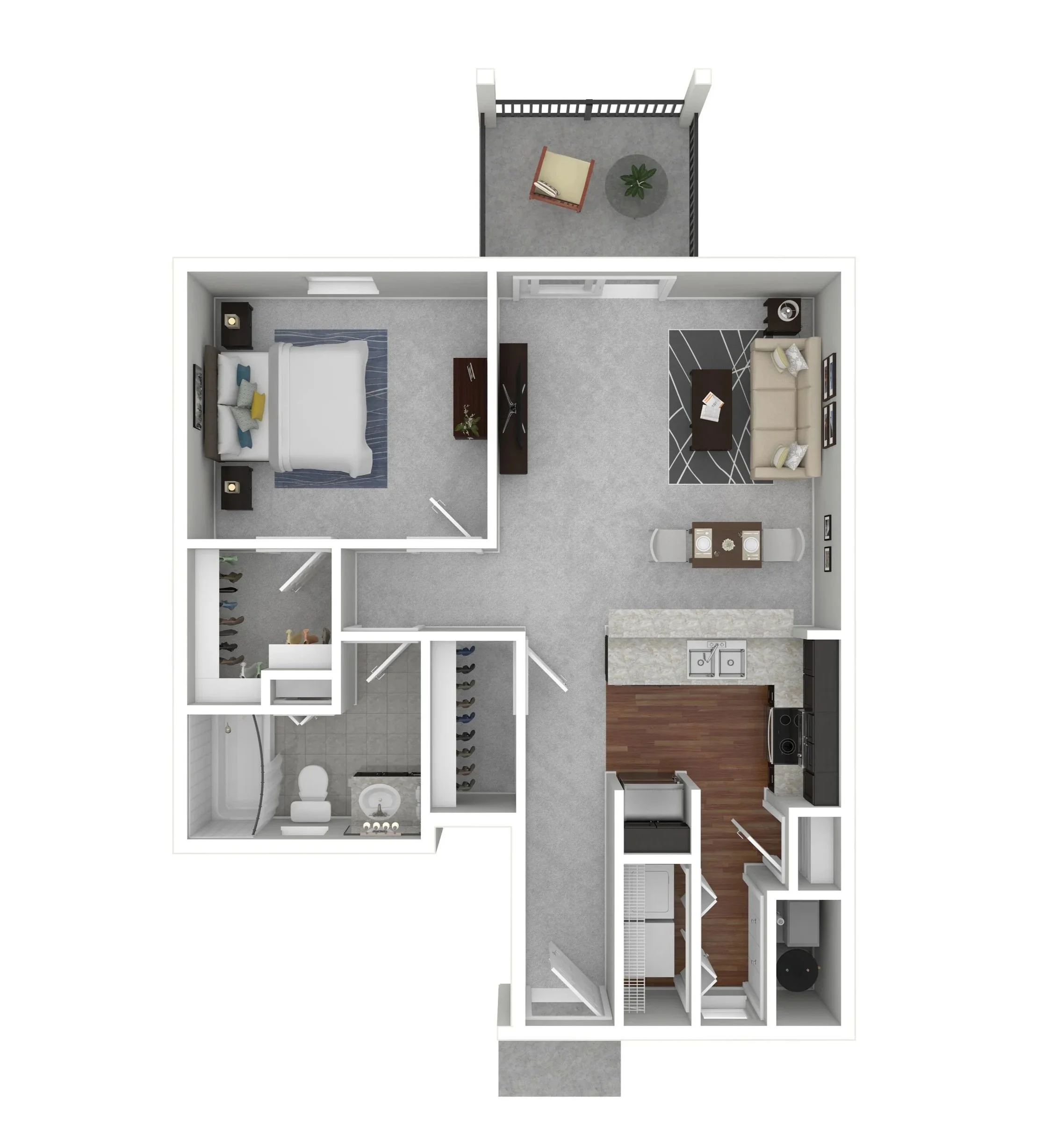 Floor plan of an apartment showing a bedroom, living room, kitchen, bathroom, and small outdoor balcony.