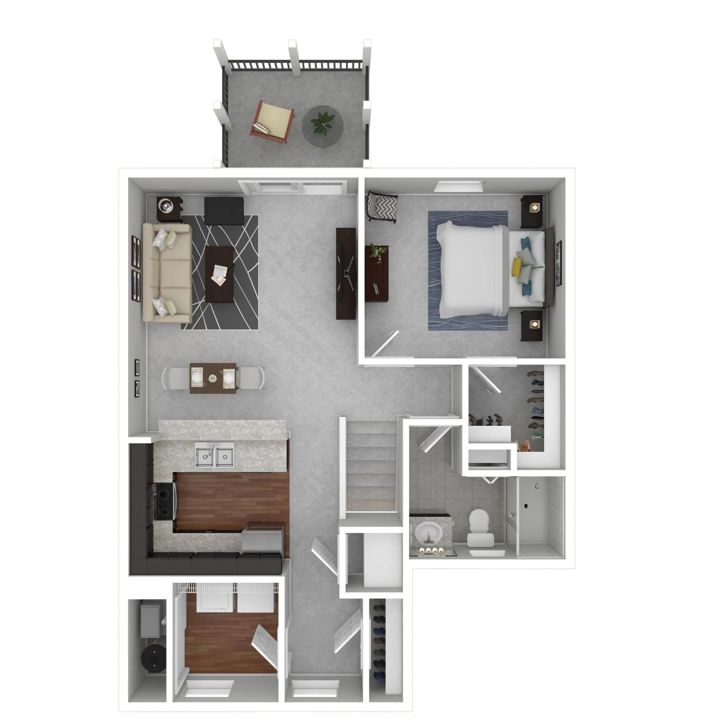Floor plan of an apartment with a kitchen, living room, bedroom, bathroom, and a small outdoor patio with a chair and plant.