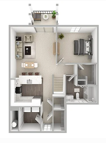 Top-down view of a one-bedroom apartment with a balcony, living room, dining area, kitchen, bathroom, bedroom, and laundry area.