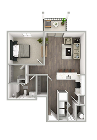 A top-down view of a one-bedroom apartment floor plan showing a bedroom, bathroom, kitchen, living room, and a balcony with outdoor furniture.