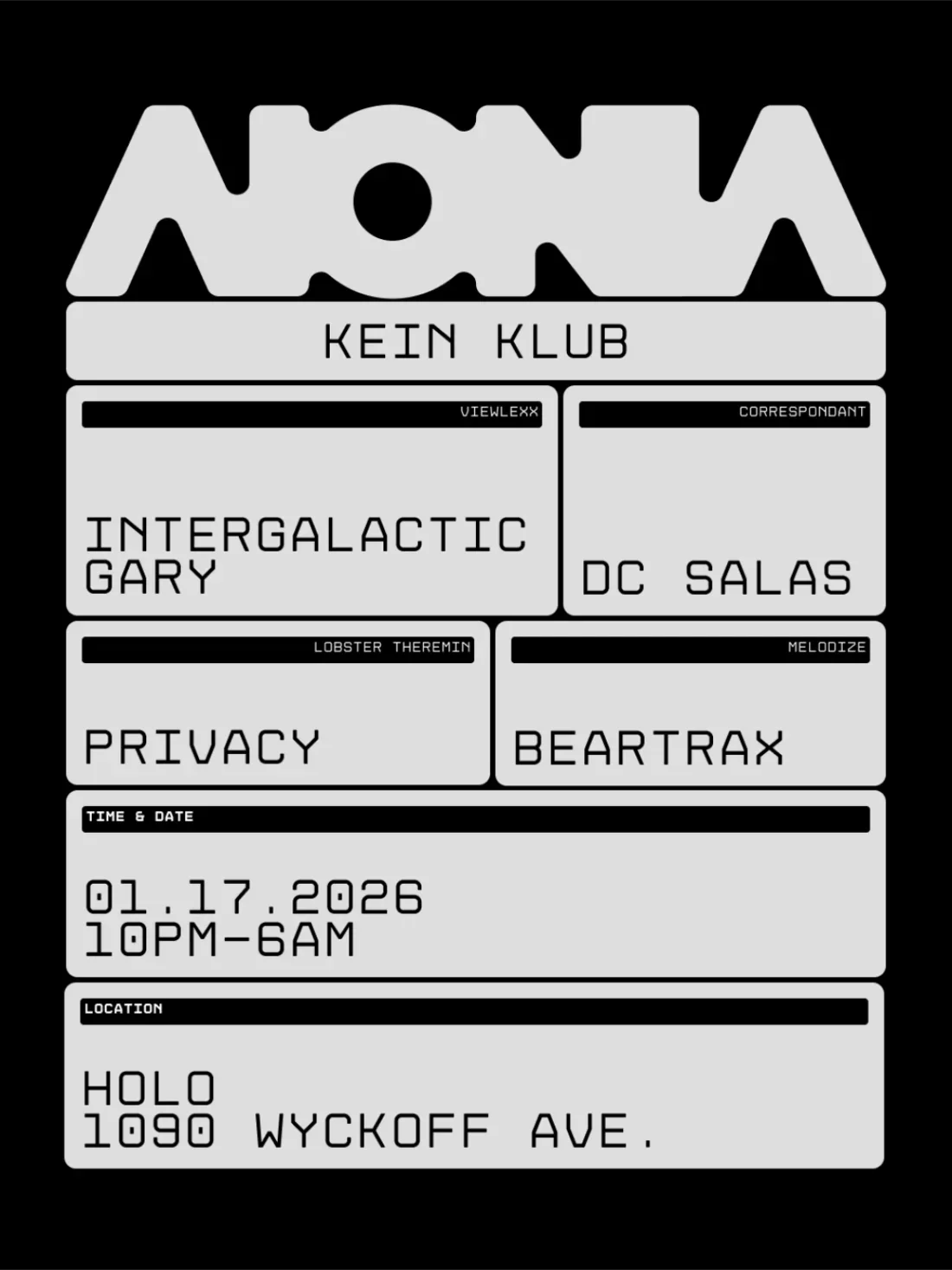 INVERTED AUDIO:
Aionia's Kein Klub at H0l0: Intergalactic Gary, Privacy, DC Salas, Beartrax
