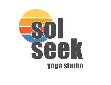 Logo for Sol Seek Yoga Studio featuring a sun with horizontal stripes in yellow, orange, red, and blue, with the text 'sol seek' in bold lowercase letters and 'yoga studio' underneath.