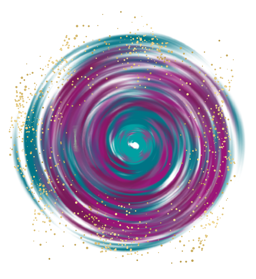 Digital art of a colourful swirling vortex in shades of purple, blue, and teal, with scattered yellow dots surrounding it.