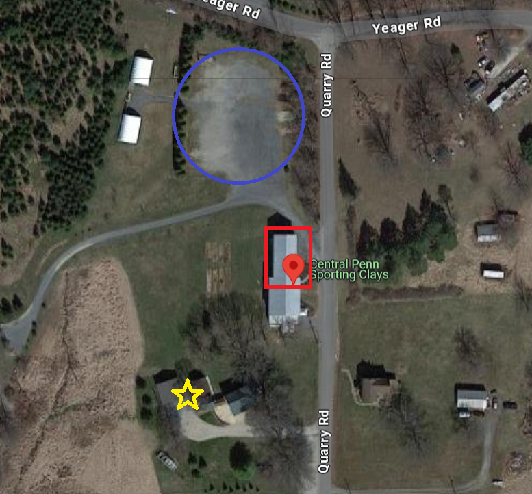 Aerial view of Central Penn Sporting Clays located on Quarry Road, showing a building, a parking area, a small pond, a house with a driveway, and surrounding wooded and open land.