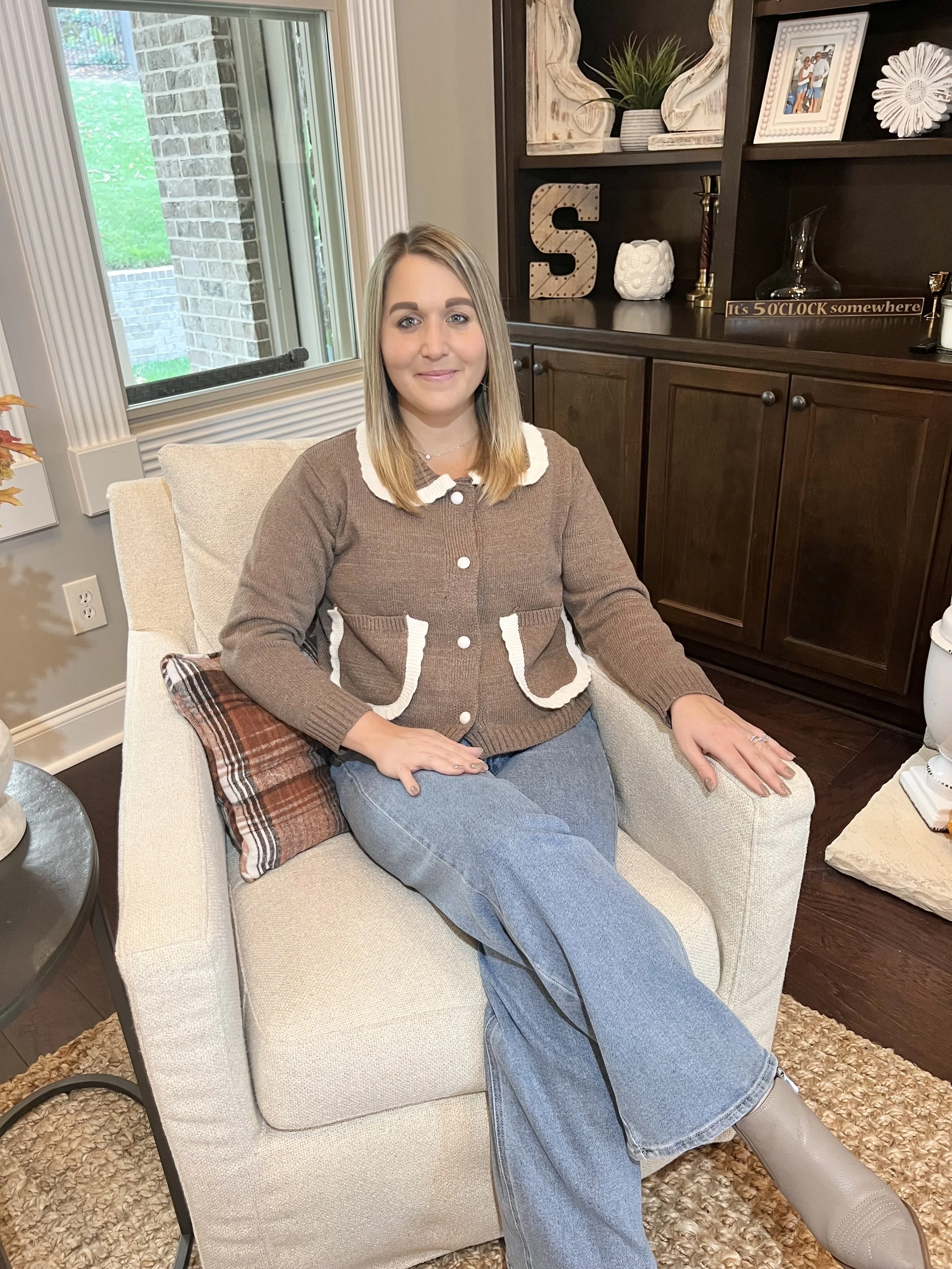 Brown Duet Scalloped Collared Cardigan