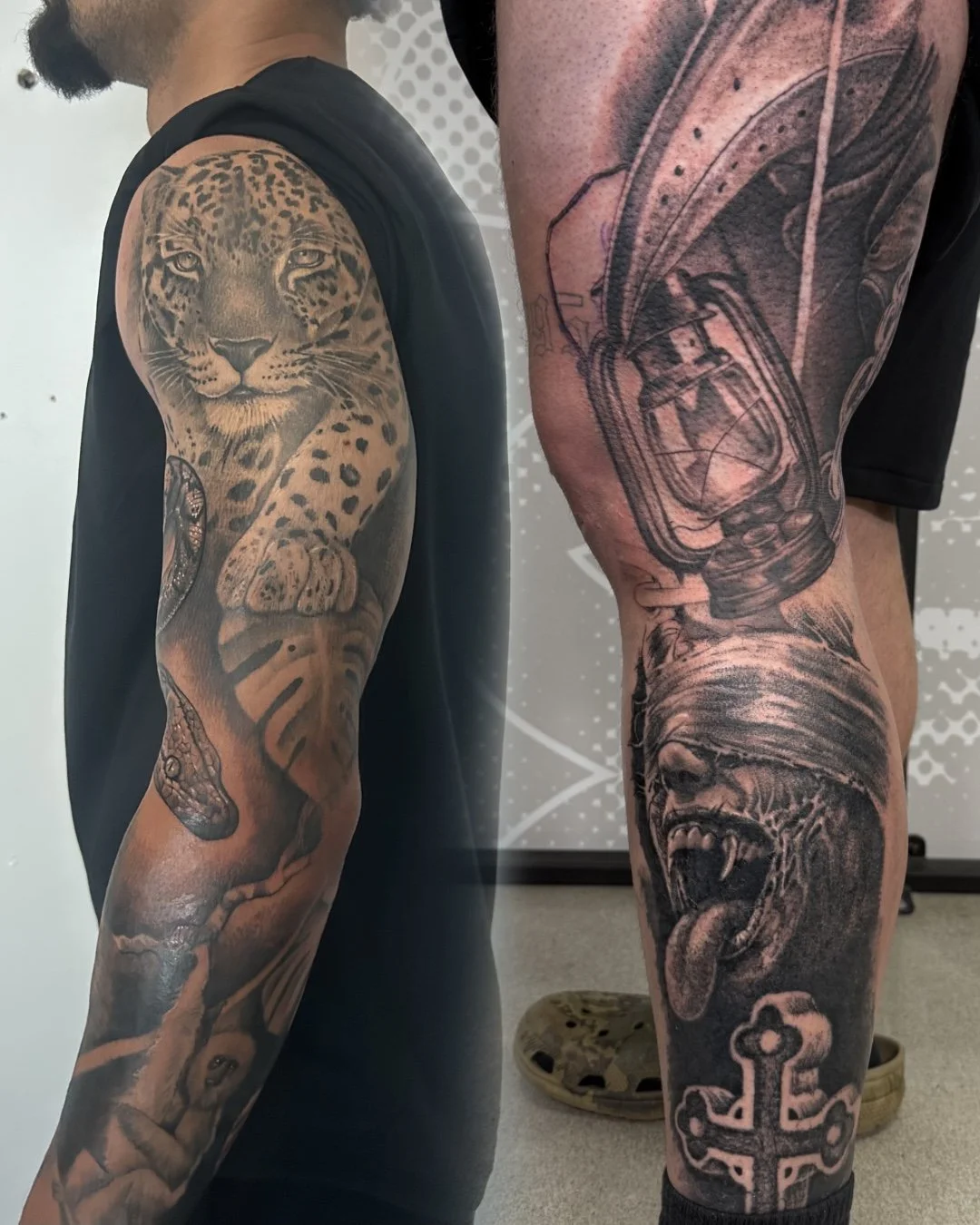 black and grey realistic sleeve and leg sleeve, nature jaguar tattoo, horror inspired art leg sleeve, dr plague.