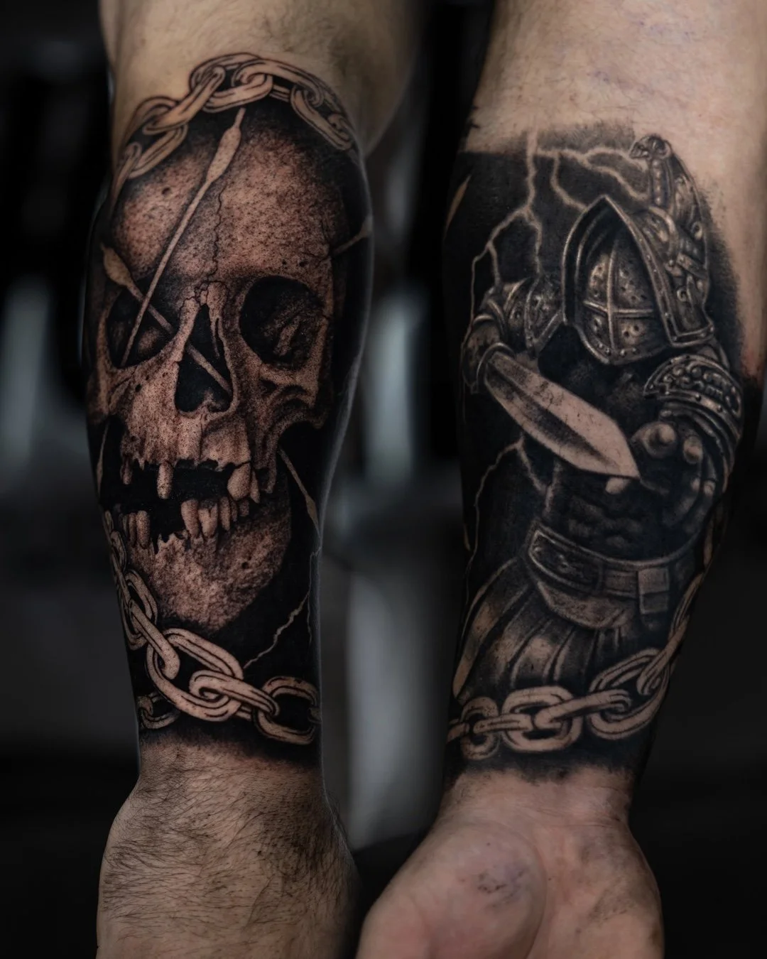 Black and grey tattoo stoic design, dark black and grey, skull and gladiator.