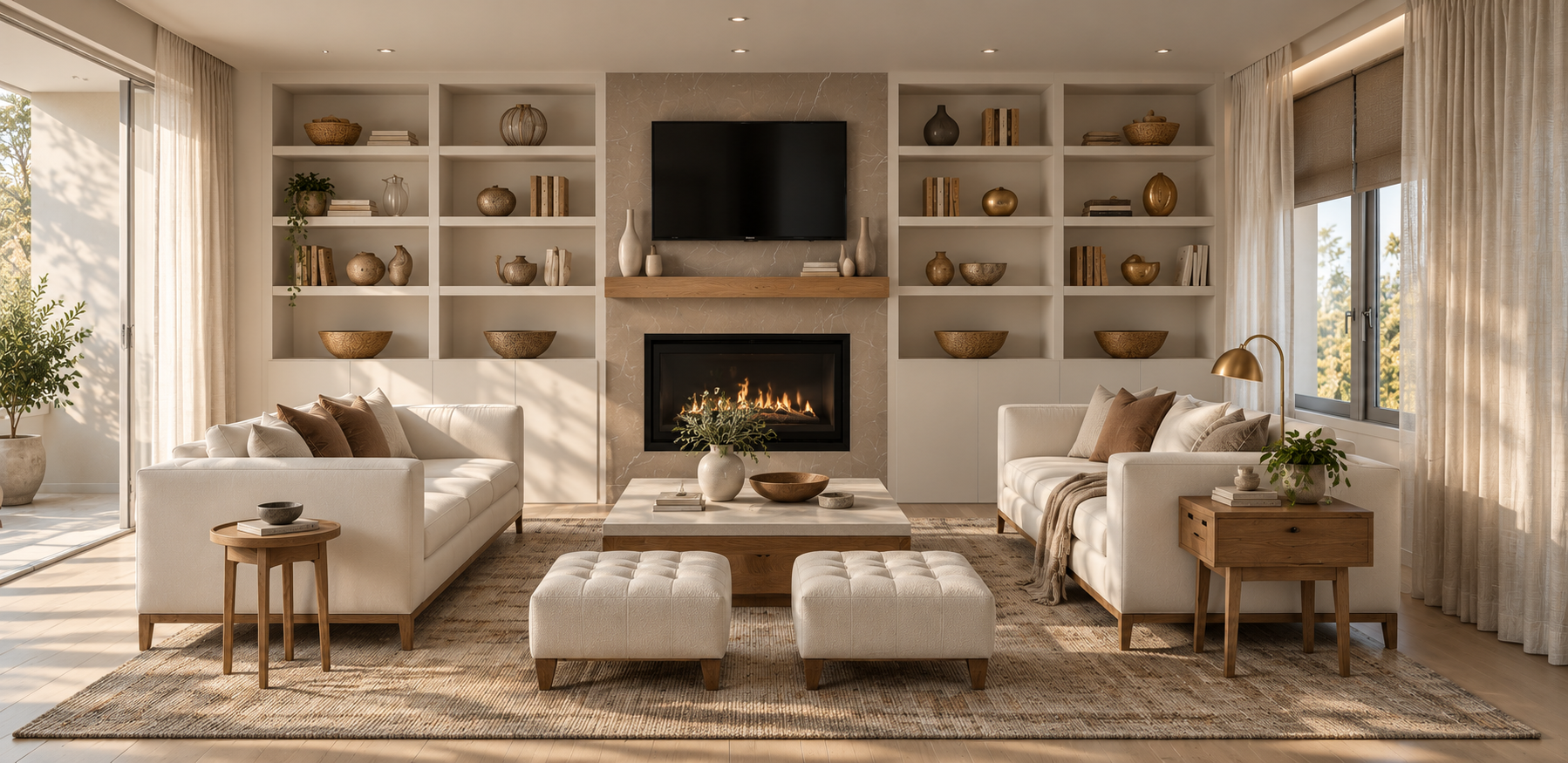Spacious modern living room with large windows, beige and gray sofas, decorative pillows, wooden coffee table, white rug, round poufs, and a minimalist dining area in the background. Natural light and wood accents enhance the airy feel.
