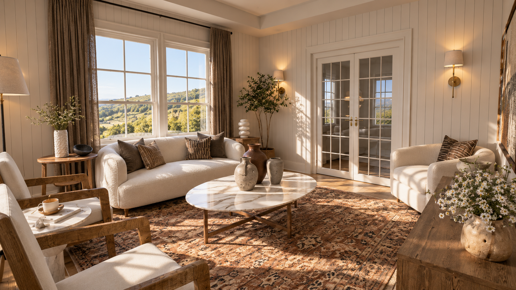 Cozy living room with white sofas, a round marble coffee table, decorative vases, and large windows. Neutral tones, wall art, plants, and a patterned rug enhance the decor.