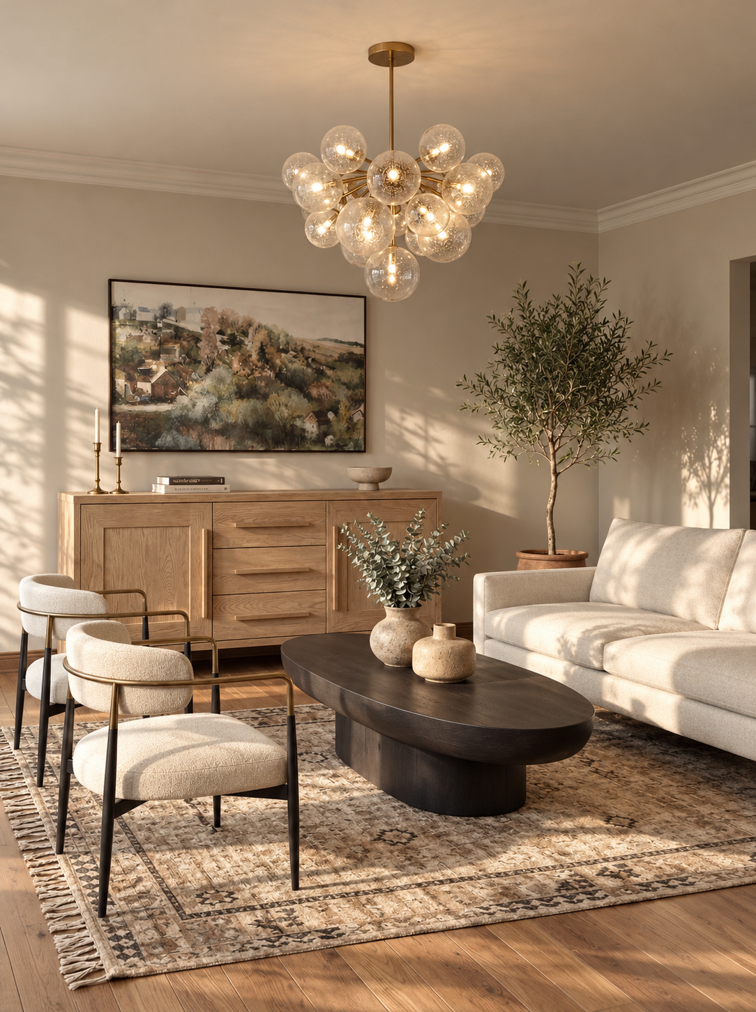 Modern living room with white sofas, wooden coffee table, artwork above fireplace, built-in shelves, and large windows.