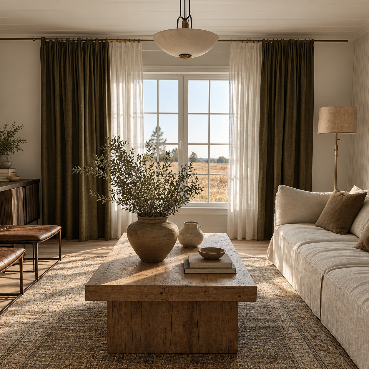 Warm, nature-inspired living room with a rustic wooden coffee table, olive branch vase, cream sofa, dark curtains, and sunlit countryside view.