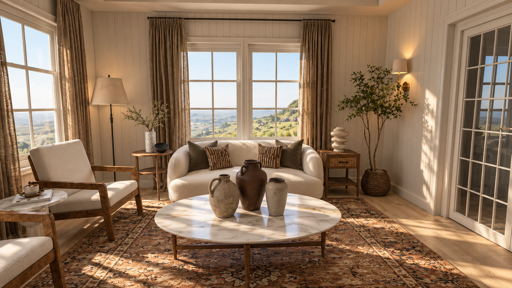 Sunlit cozy living room with a cream sofa, wooden armchairs, marble coffee table, decorative vases, patterned rug, and mountain views through large windows