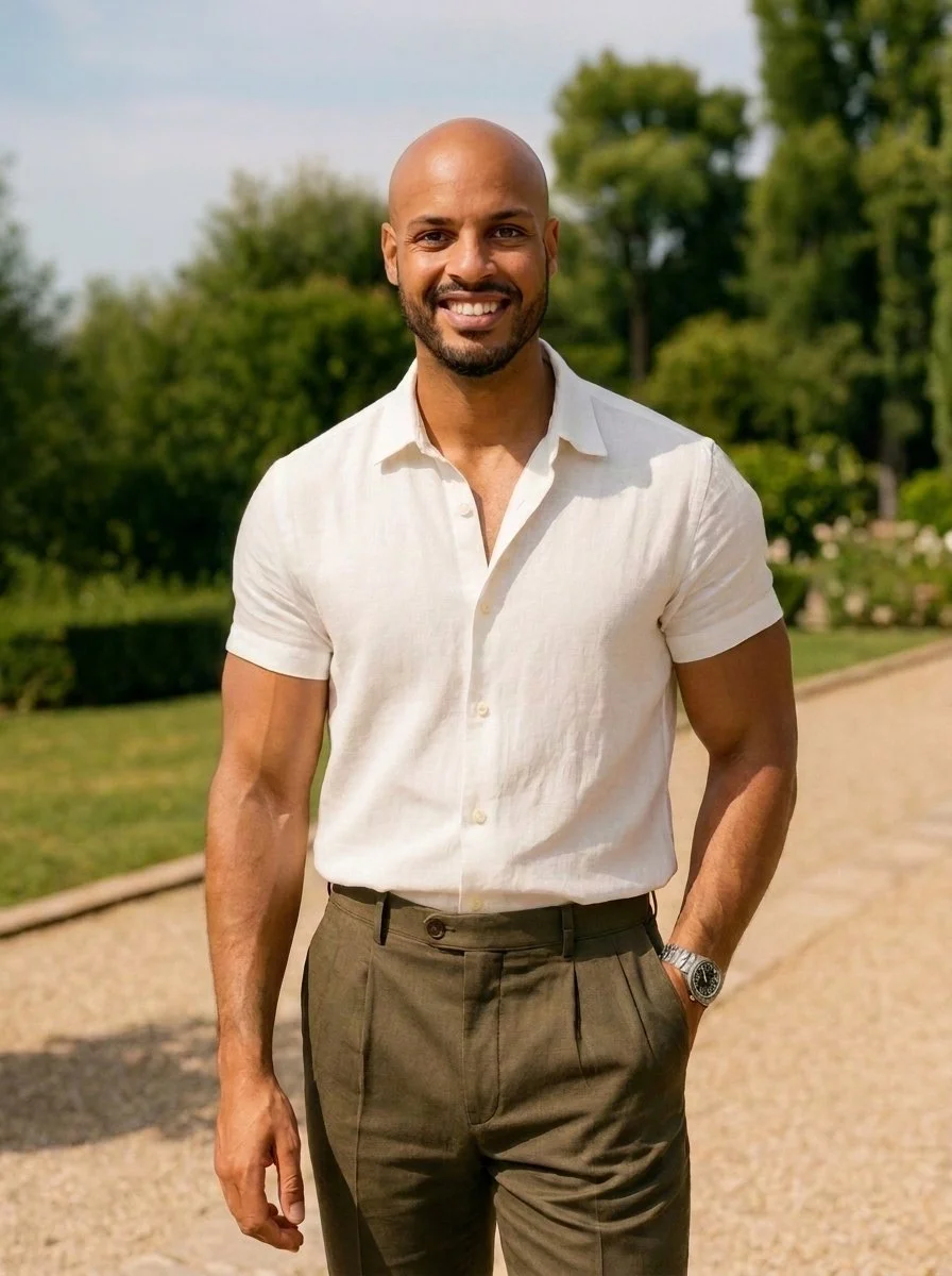 A smiling man with a bald head and beard wearing a short-sleeve white shirt and brown trousers, standing outdoors on a sunny day with green trees and a path in the background.