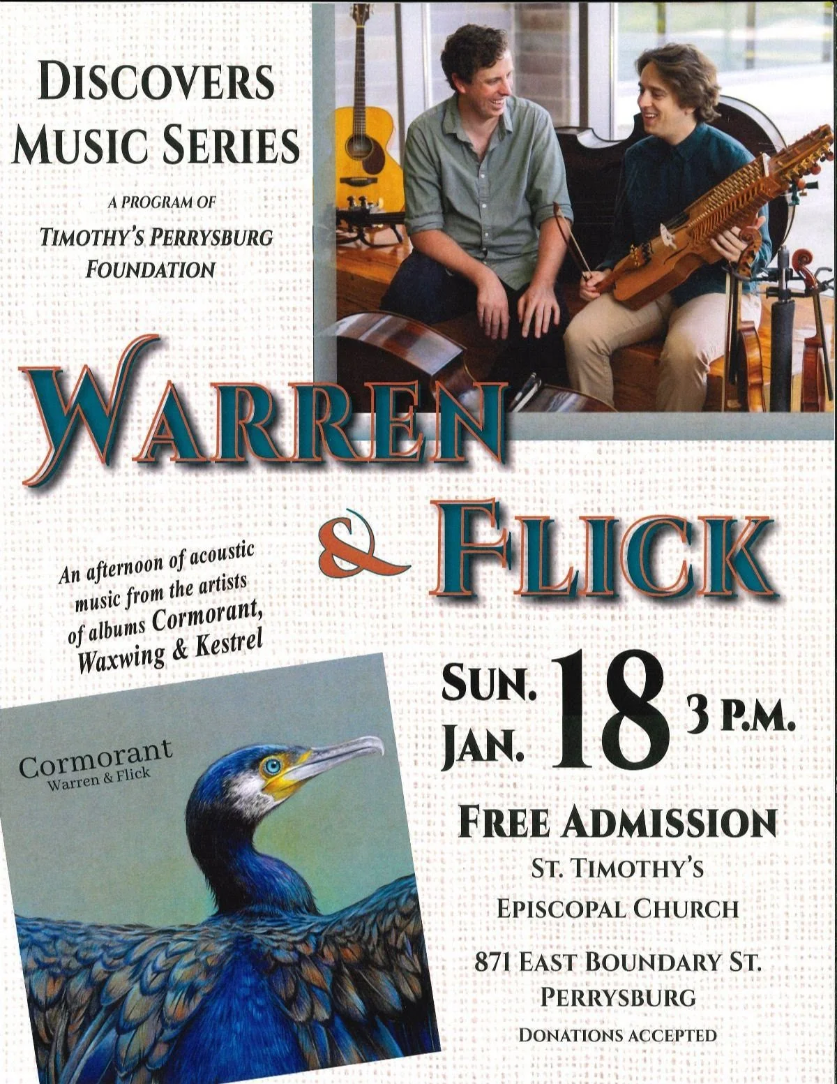 Discovers Presents: Warren &amp; Flick, Jan 18 3:00PM