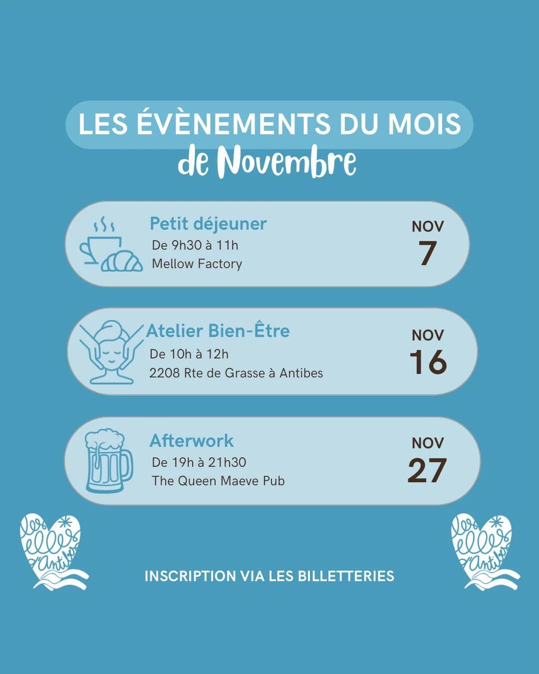 Les &eacute;v&eacute;nements  de Novembre sont arriv&eacute;s ! 

Vous allez pouvoir profiter de ce mois pour r&eacute;seauter tout en prenant soin de vous 🙈

Nous avons h&acirc;te de vous retrouver&hellip; Les billetteries sont disponibles dans la 
