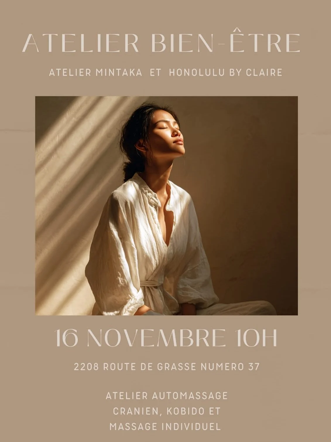 @ateliermintaka_massage &amp; @honolulu_by_claire vous offrent un moment de bien &ecirc;tre ce dimanche 🤍

Un beau programme pour apprendre &agrave; prendre soin de vous 💆&zwj;♀️

Le lien de la billetterie est dans la bio!