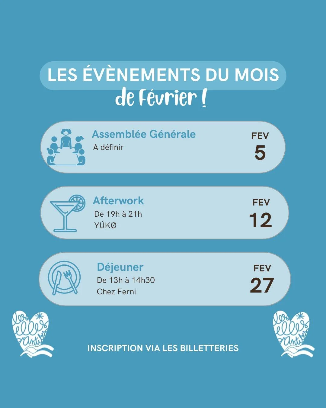 Nos &eacute;v&egrave;nements de f&eacute;vrier sont &agrave; vous ! 🪩

Prenez vite vos places :) Des places sont disponibles pour des non-adh&eacute;rentes ✨
Les liens sont dans la bio.

Association, Evenement, Antibes