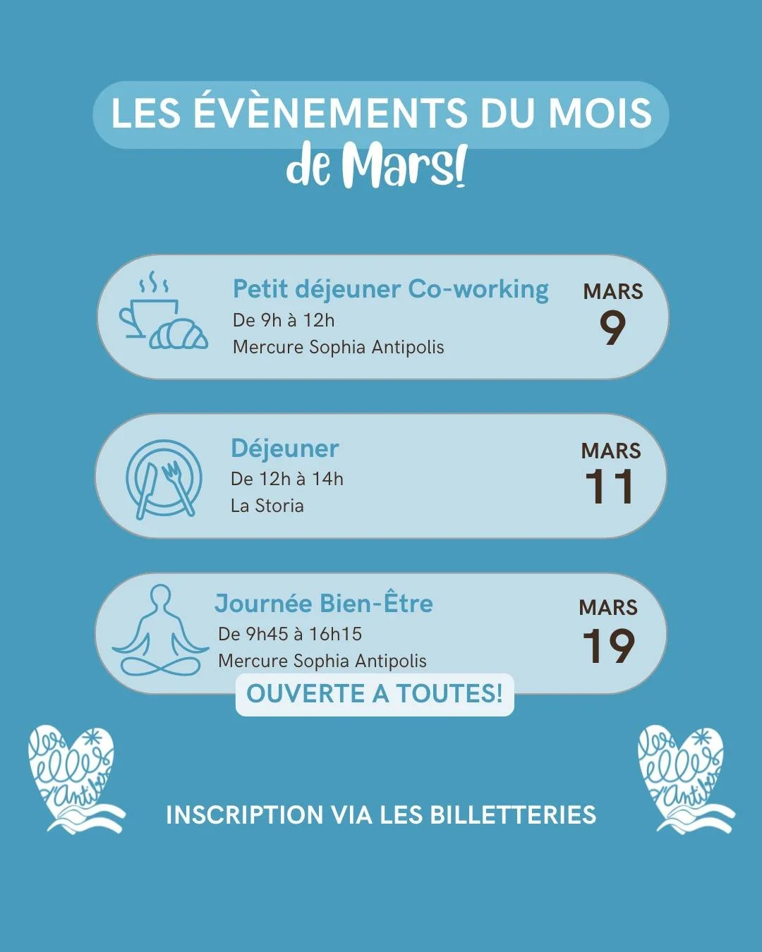 Rejoignez nous pour nos &eacute;v&egrave;nements de mars ! 

Notre journ&eacute;e bien-&ecirc;tre est ouverte &agrave; toutes, profitez en pour vous octroyer une pause dans votre quotidien d'entrepreneuse 🩵

Mars, Bien-&ecirc;tre, Association, Evene