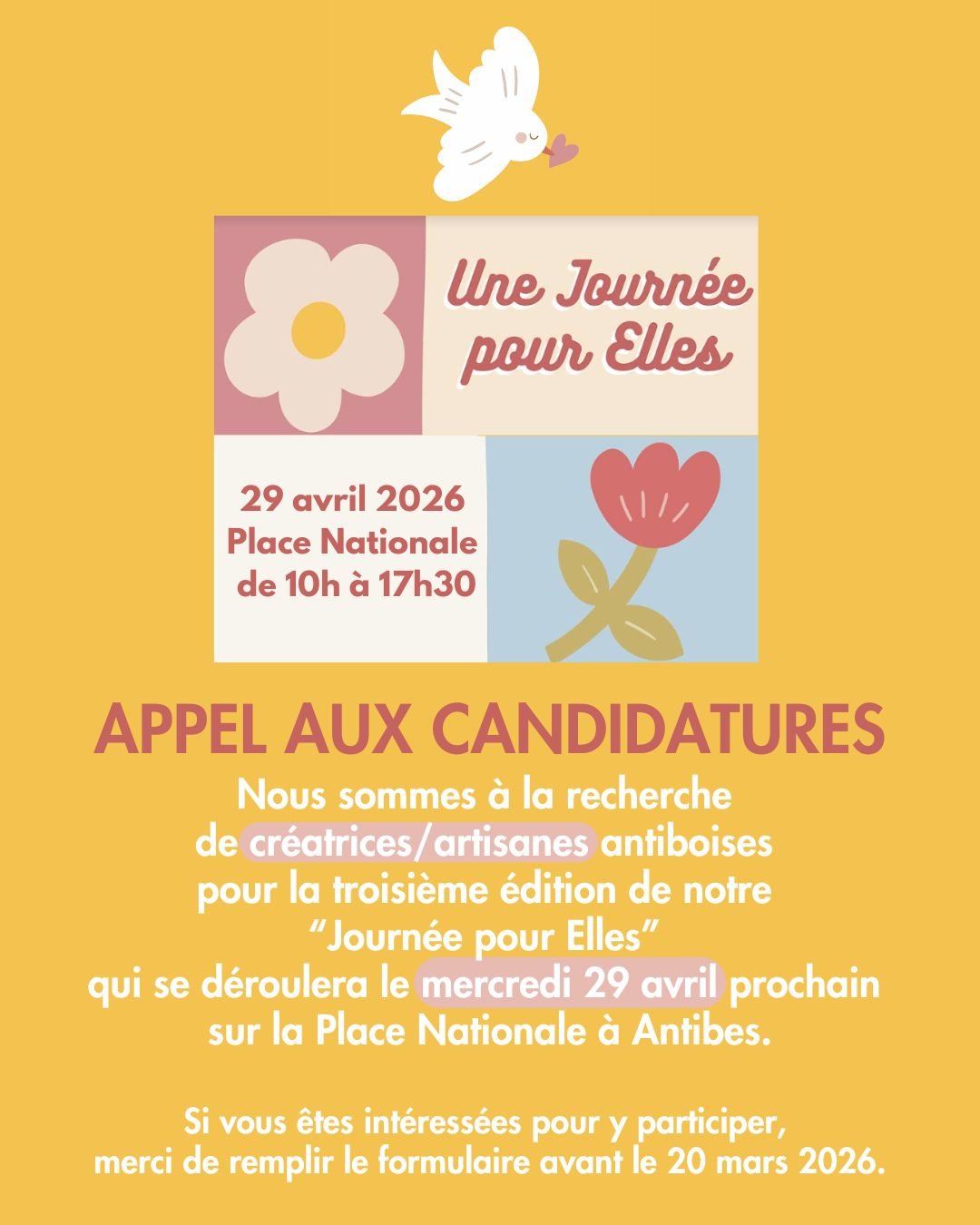 🌸UNE JOURN&Eacute;E POUR ELLES🌸

Vous &ecirc;tes cr&eacute;atrices/artisanes &agrave; Antibes ? Participez &agrave; la 3&egrave;me &eacute;dition d'"Une Journ&eacute;e pour Elles" ✨

Le lien du formulaire est dans notre bio.

Association,